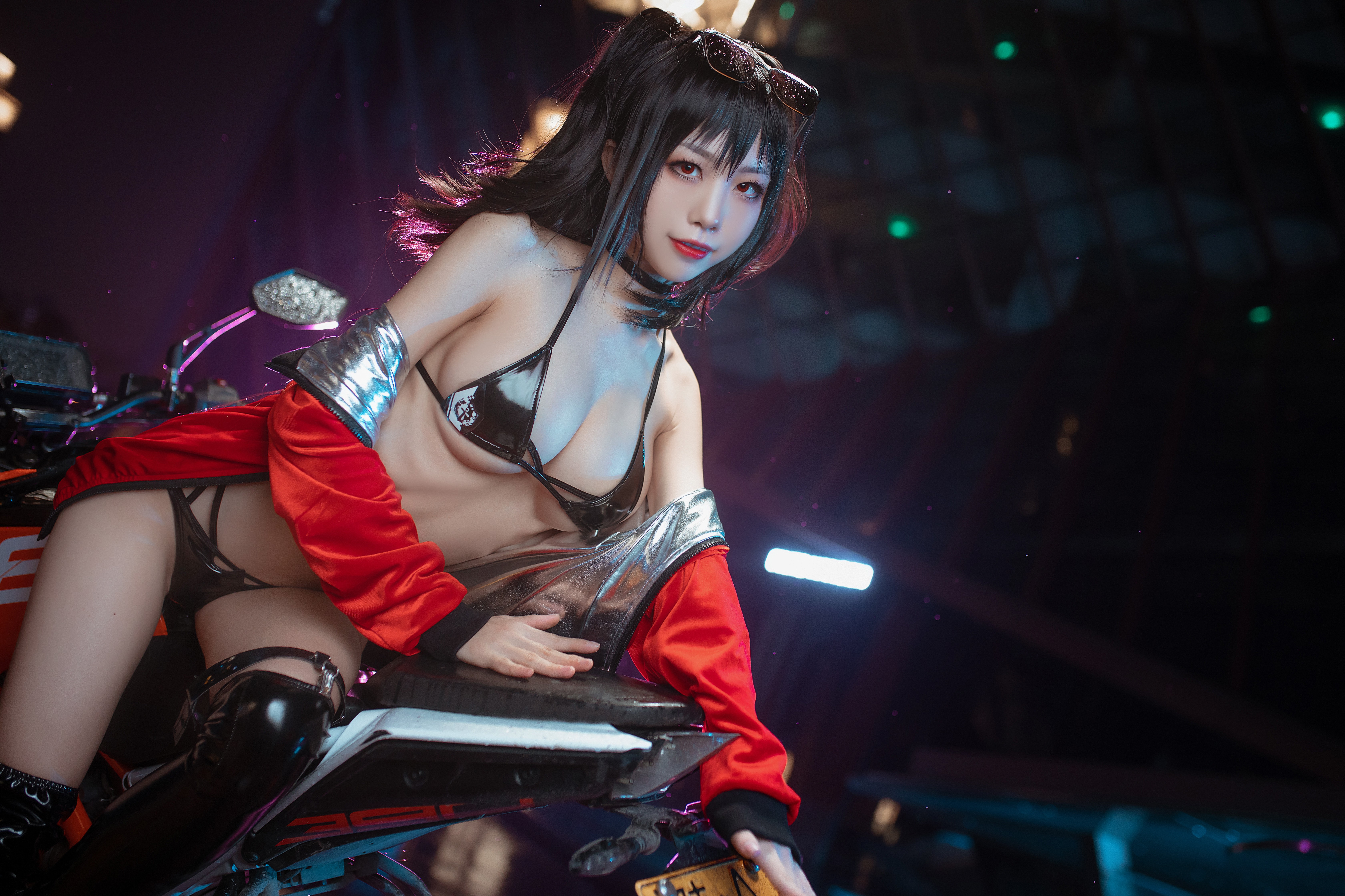 People 6720x4480 women model Asian cosplay Shuimiaoaqua Chinese model Chinese Azur Lane Taihou (Azur Lane) swimwear sunglasses women with shades black hair dark hair cleavage big boobs women outdoors looking at viewer motorcycle women with motorcycles Chinese women