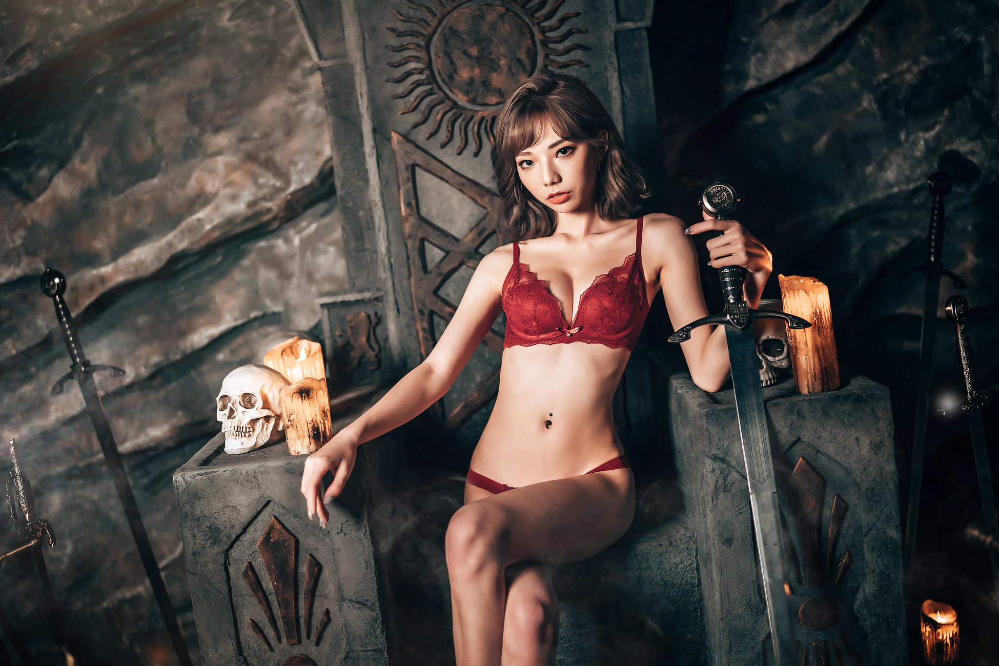 People 2047x1365 Sexy Funk Pig women Asian brunette shoulder length hair lingerie lace bra panties throne skull candles weapon sword Chuchu Chinese red lingerie belly red bra red panties sitting