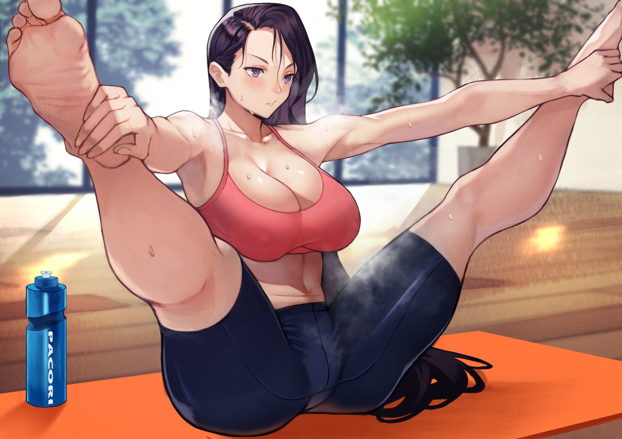 Anime 2048x1446 anime anime girls digital art artwork sweat gym clothes huge breasts cleavage legs up spread legs Yoshio (artist) nipple bulge