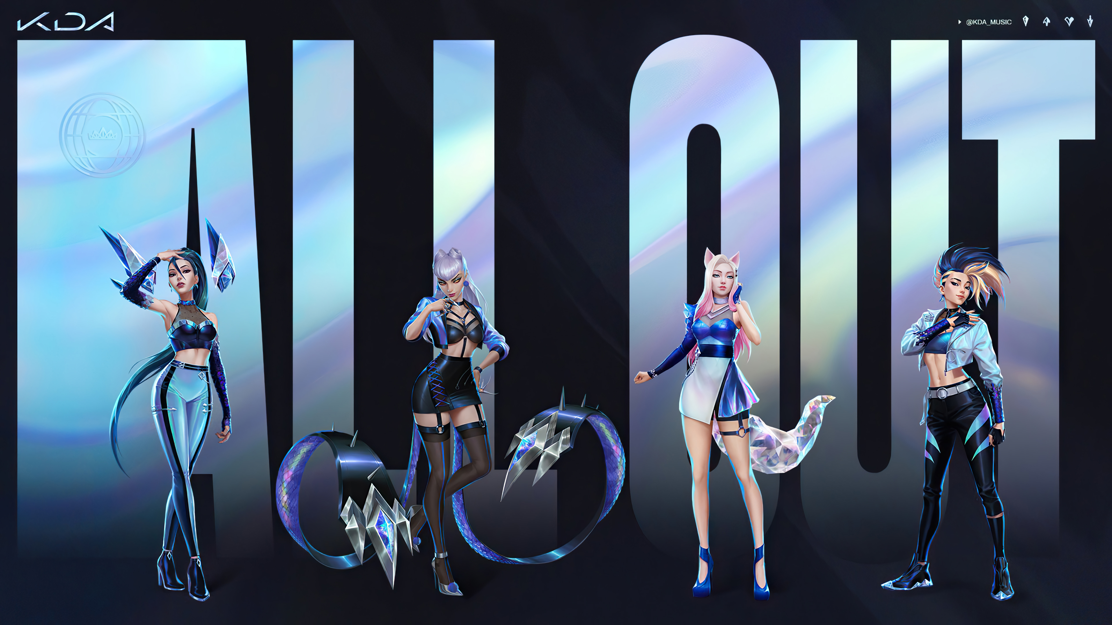 General 3840x2160 League of Legends Ahri (League of Legends) fox ears crystal  Evelynn (League of Legends) Akali (League of Legends) Kai'Sa (League of Legends) video game characters video games Riot Games gradient hair two tone hair simple background heels minimalism standing K/DA hair between eyes closed mouth smiling gloves fingerless gloves