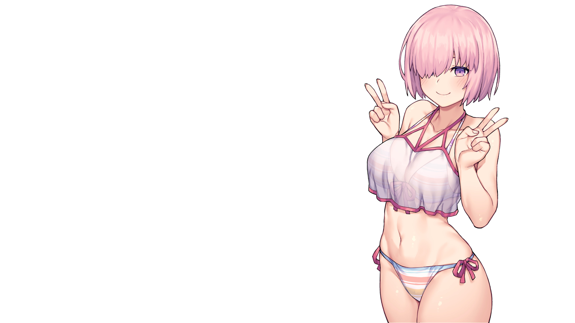 Anime 1920x1080 anime anime girls simple background Fate series Fate/Grand Order Mash Kyrielight swimwear striped swimsuit white swimsuit big boobs belly thighs thigh-highs bikini striped bikini ecchi jp06 peace sign hand gesture see-through clothing crop top white background
