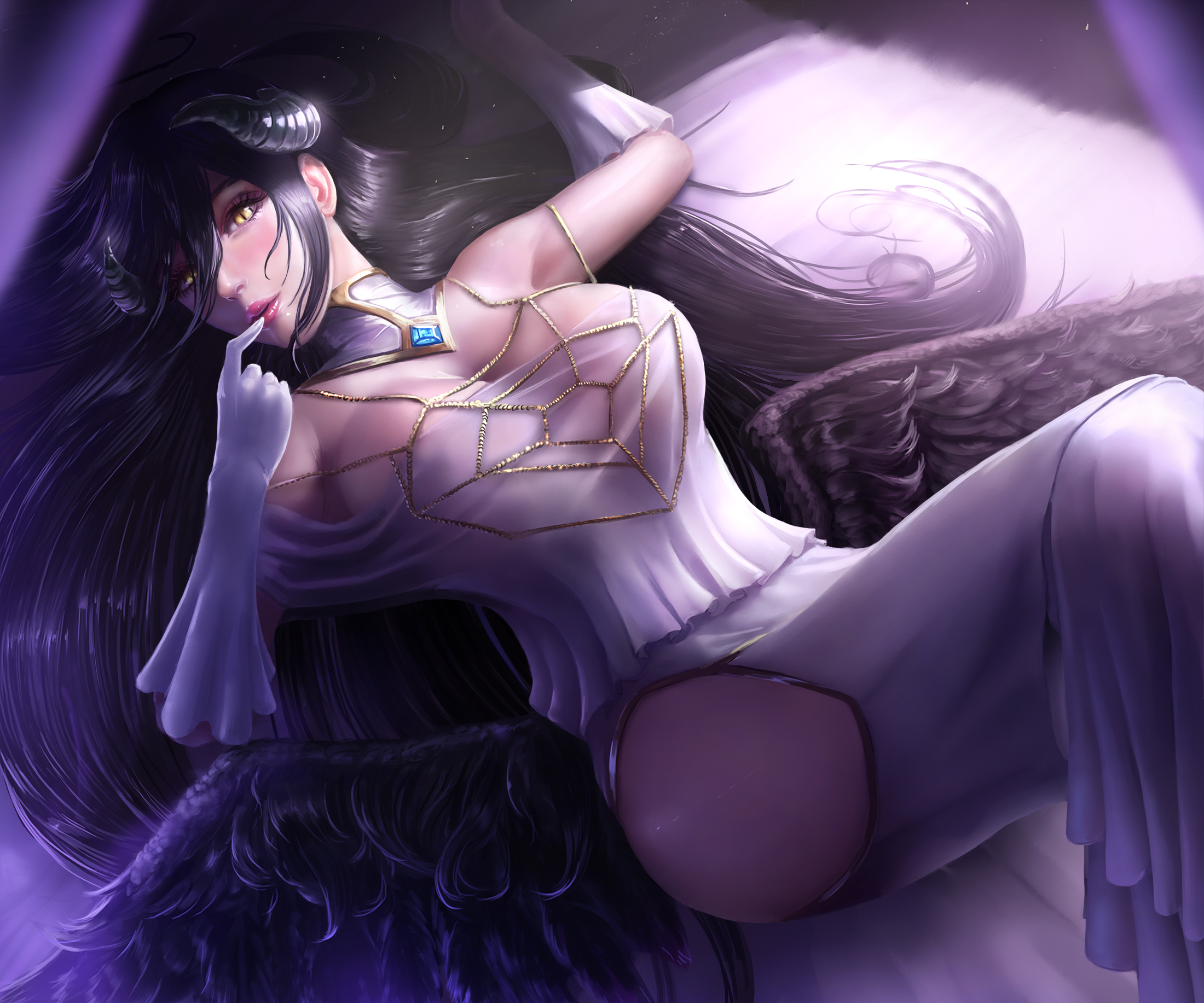Anime 2200x1833 Overlord (anime) monster girl no bra juicy lips belly bare shoulders white dress cleavage white gloves succubus demon girls demon horns black wings anime girls big boobs curvy looking at viewer lying on back thighs finger in mouth sensual gaze parted lips 2D Albedo (OverLord) long hair black hair in bed white sheets open dress anime yellow eyes fan art armpits hair in face limgae embarrassed sunlight shiny hair pink lipstick high angle ecchi