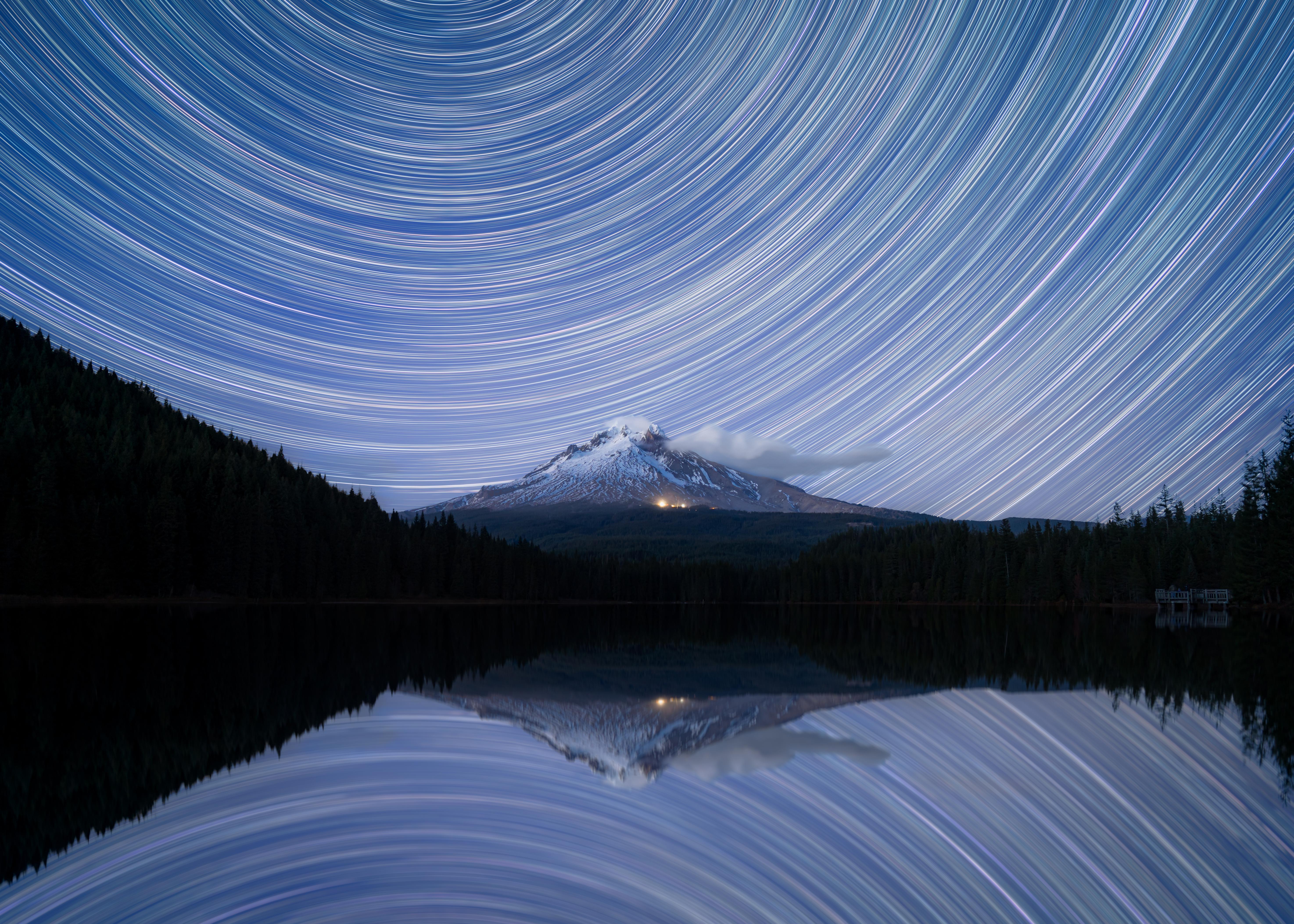 General 5898x4213 nature landscape night stars dark long exposure mountains pine trees forest lake reflection snowy peak photography Mount Hood Oregon USA clouds
