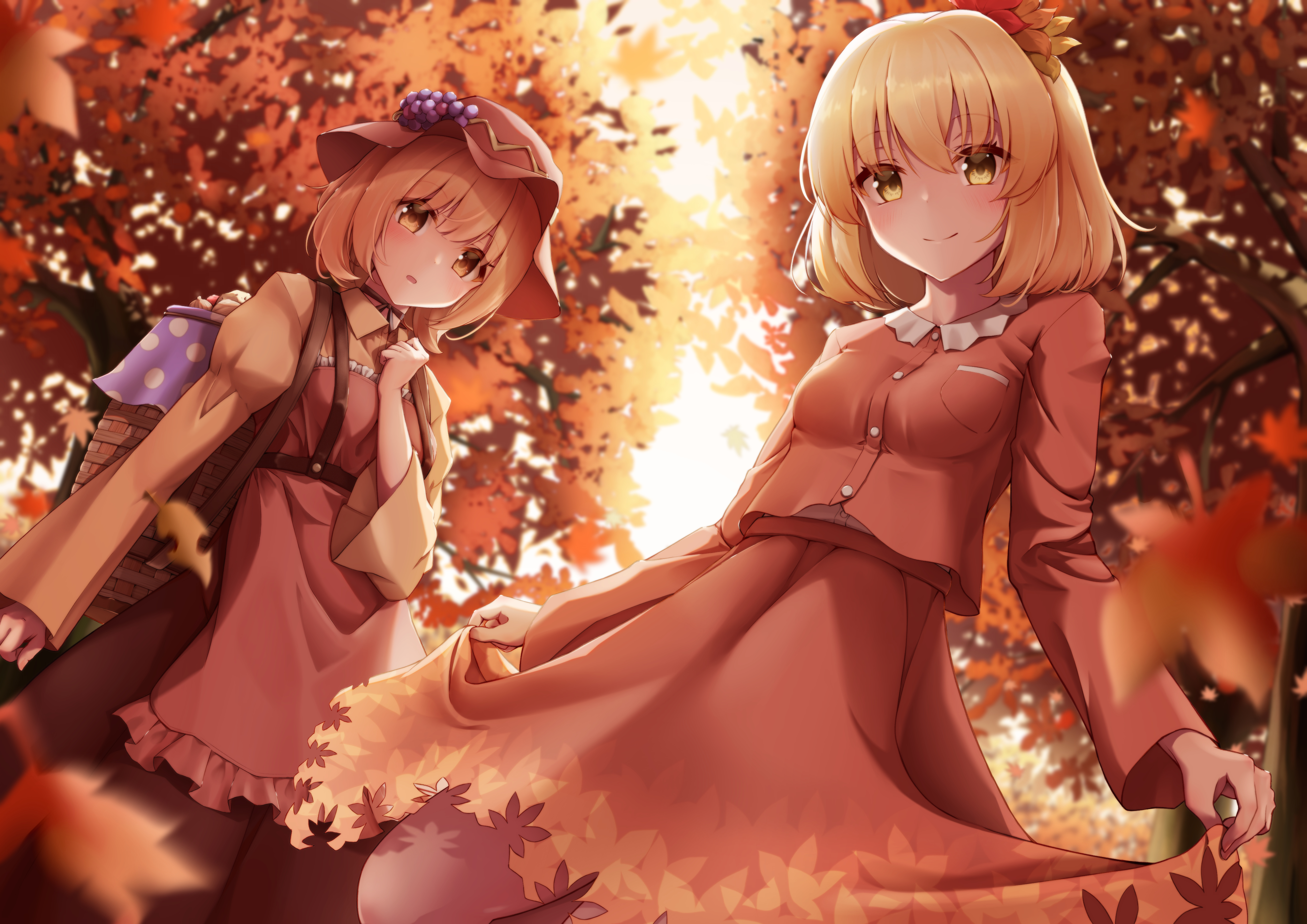 Anime 4093x2894 anime anime girls two women looking at viewer dress yellow eyes blonde smiling hat fall trees