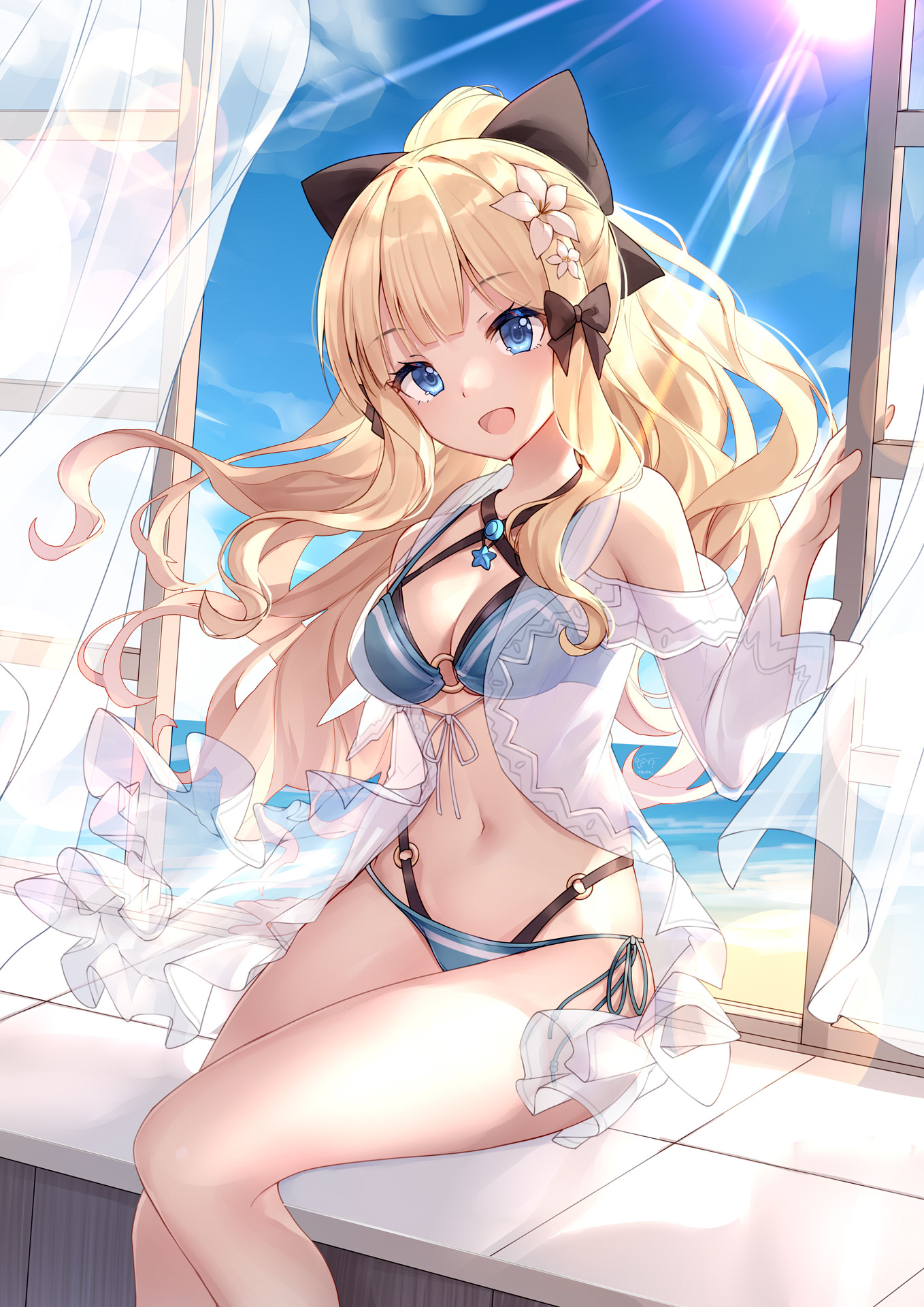 Anime 1358x1920 2D anime anime girls digital art looking at viewer ecchi belly belly button bikini cleavage blonde blue eyes Saren (Princess Connect) Princess Connect Re:Dive artwork bison cangshu