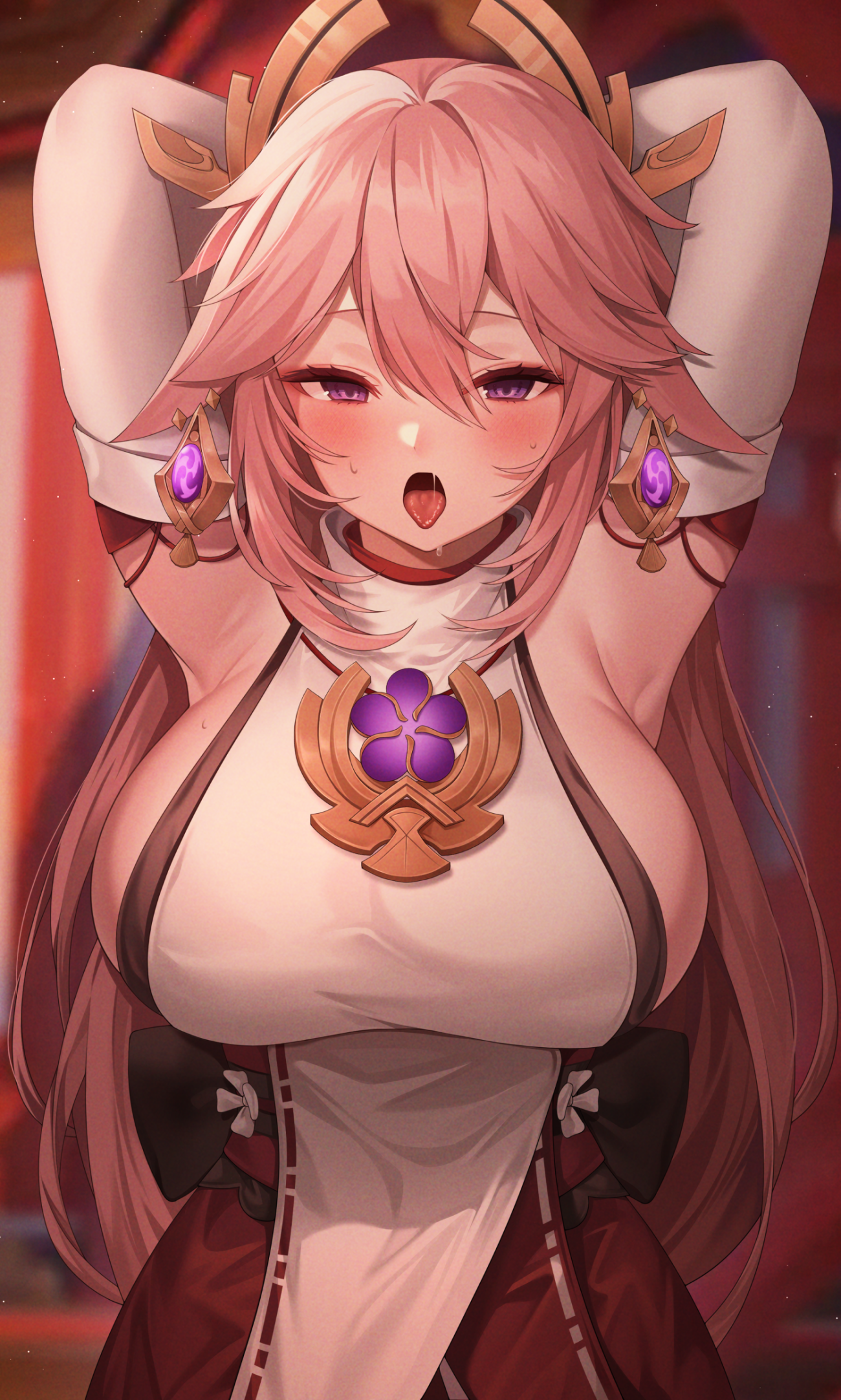 Anime 1300x2166 anime anime girls Reel artwork Genshin Impact pink hair tongue out sideboob arms up arm(s) behind head open mouth armpits sweat saliva trail