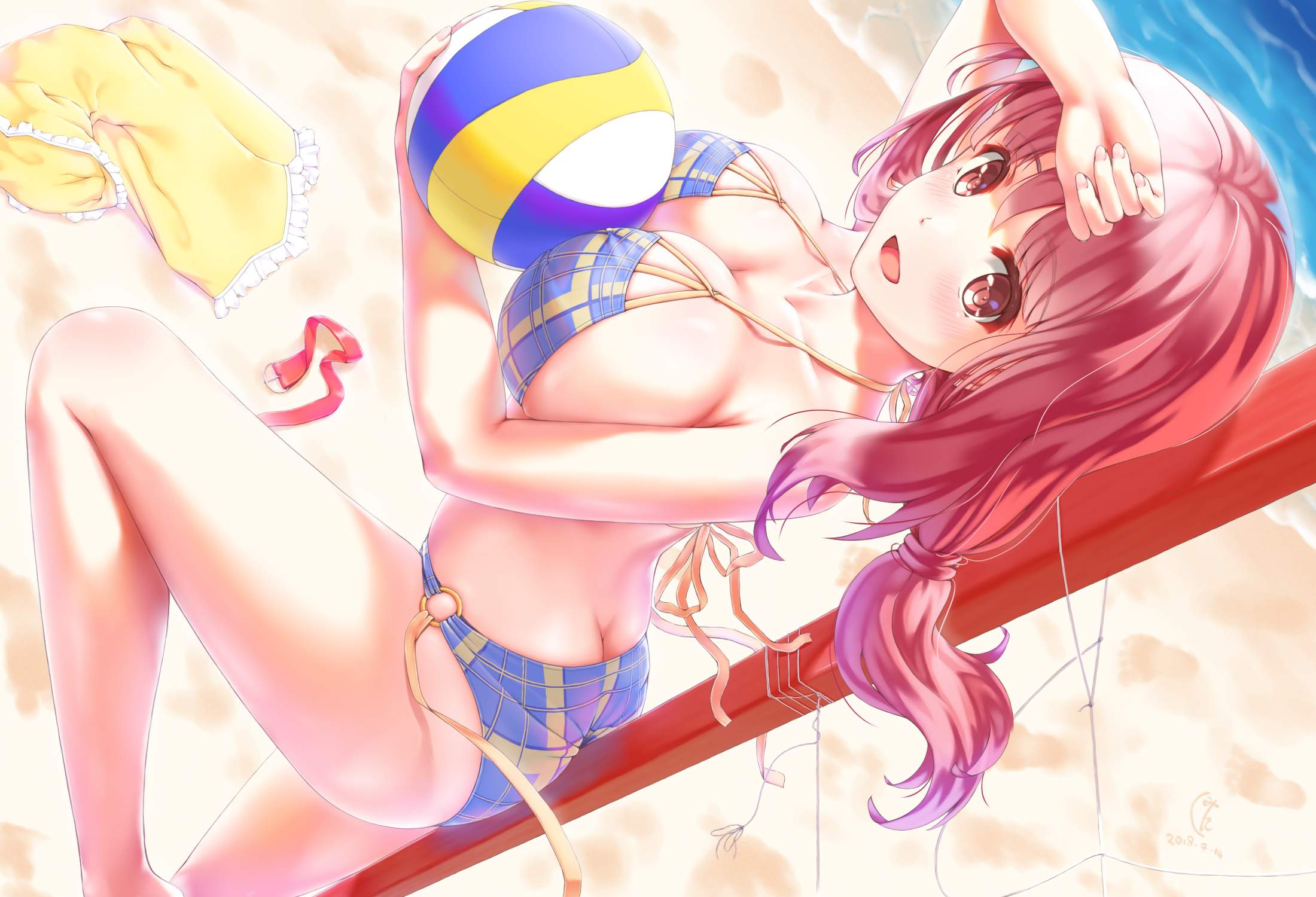 Anime 2200x1500 cleavage big boobs bikini beach redhead red eyes anime girls Harukana Receive artwork Etsunami Kumita