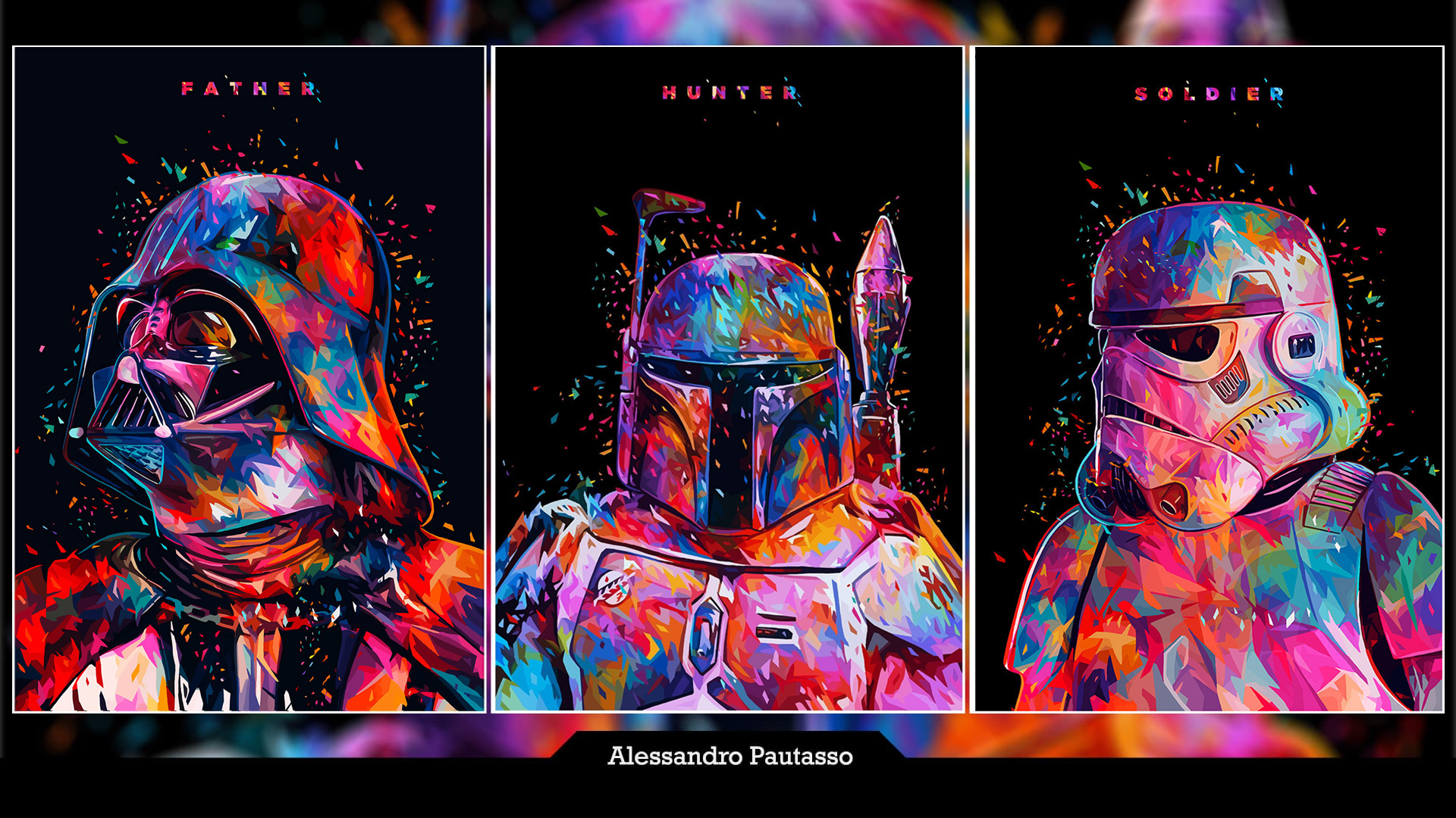 General 1920x1080 Star Wars fan art artwork digital art Boba Fett Darth Vader stormtrooper panels Alessandro Pautasso shards colorful portrait