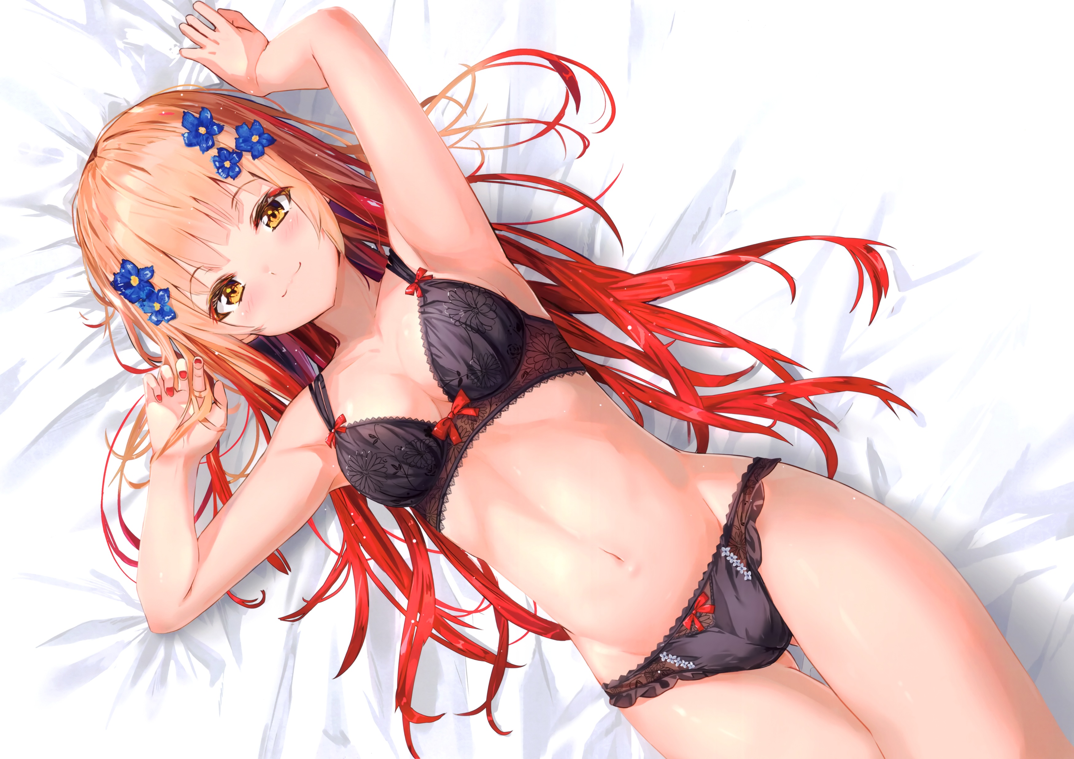 Anime 3500x2476 anime anime girls in bed top view smiling looking at viewer flower in hair underwear lying on back belly long hair redhead yellow eyes artwork Na Kyo