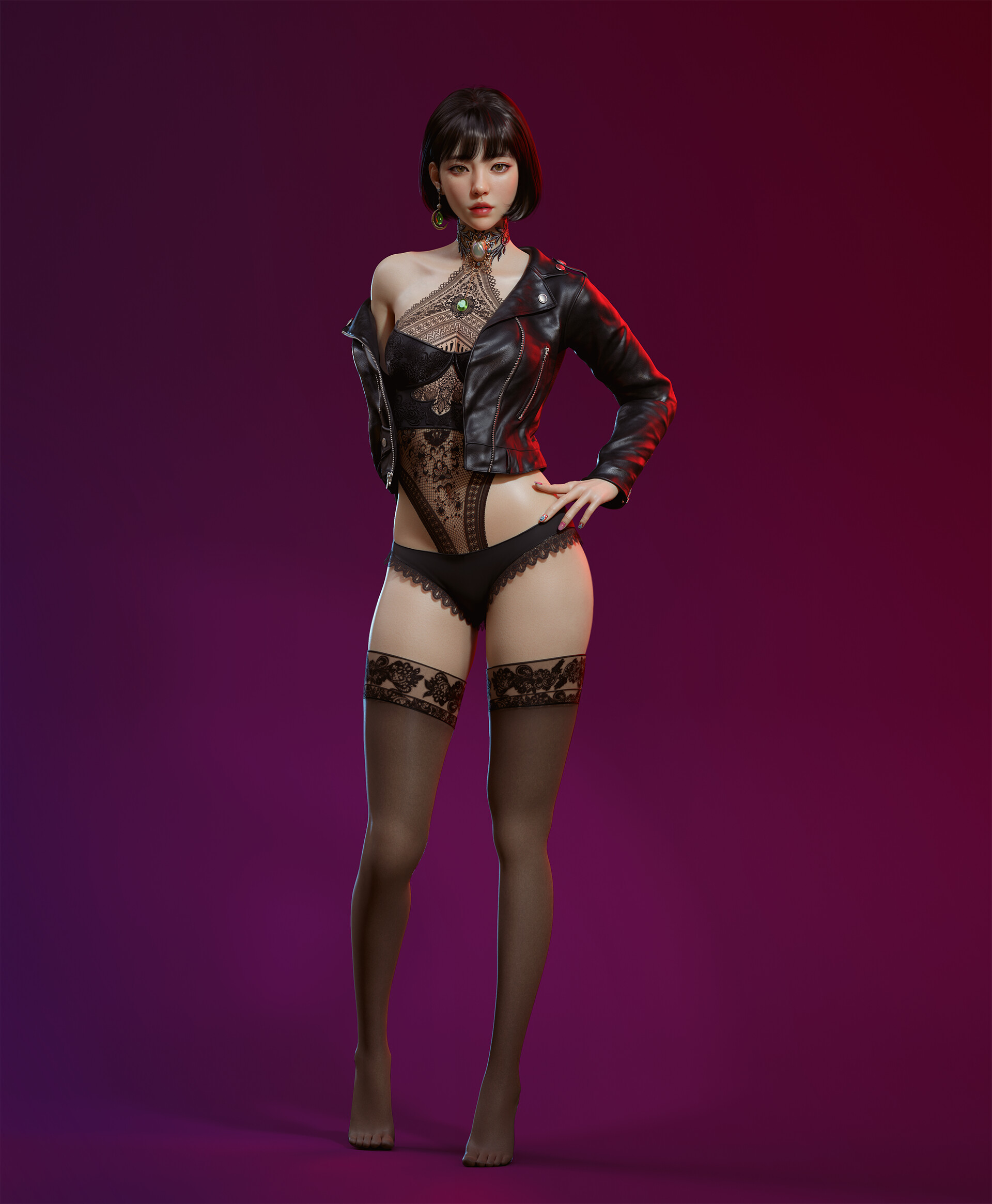 General 1920x2330 YeJun Lee ArtStation Asian women CGI gradient stockings panties digital art