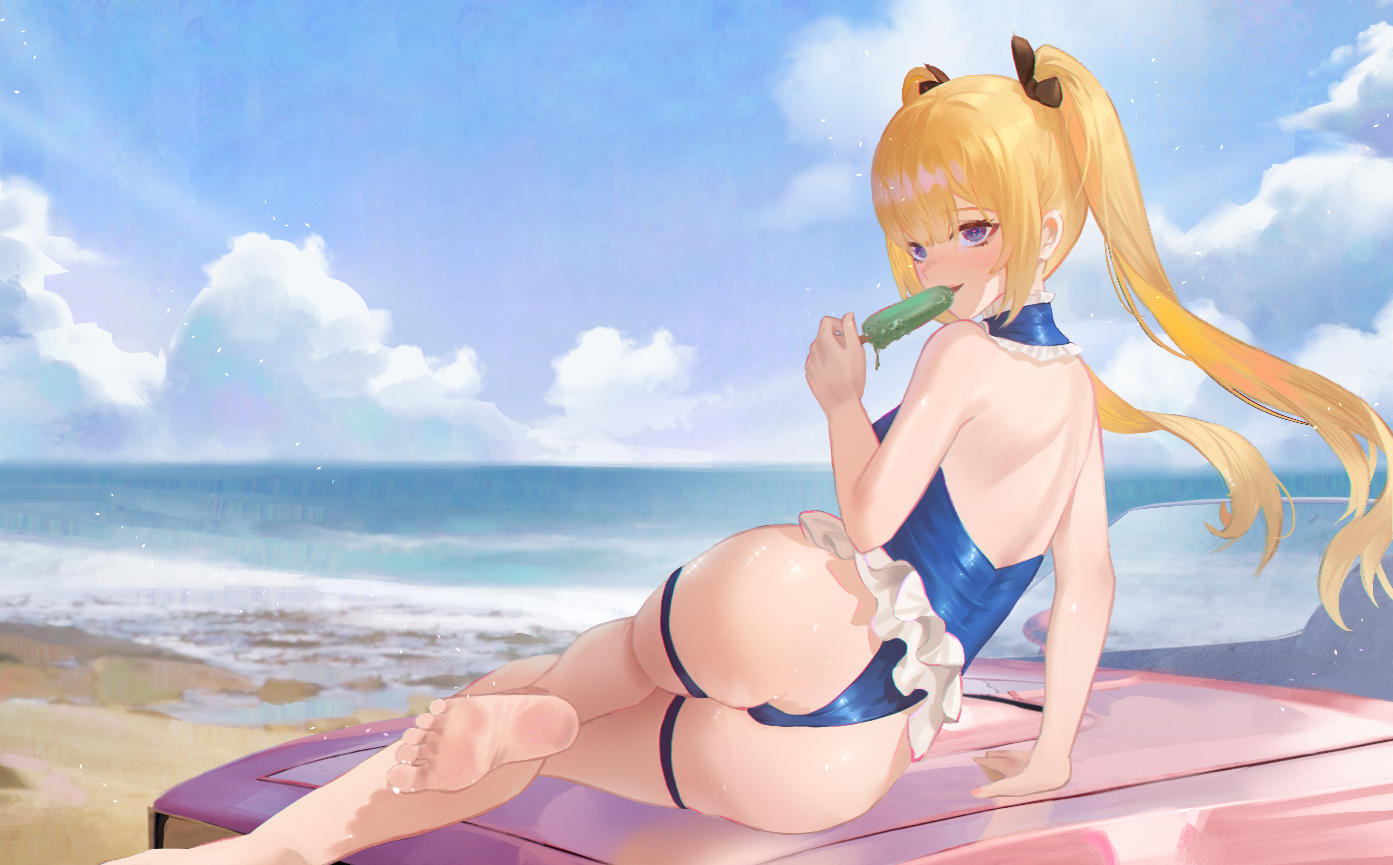 Anime 4656x2894 anime anime girls Cirilla (artist) artwork Dead or Alive beach twintails blue eyes ice cream feet ass one-piece swimsuit Marie Rose (Dead or Alive) rear view women outdoors women on beach barefoot blonde video games video game characters video game warriors blue swimsuit food sweets popsicle sky horizon clouds