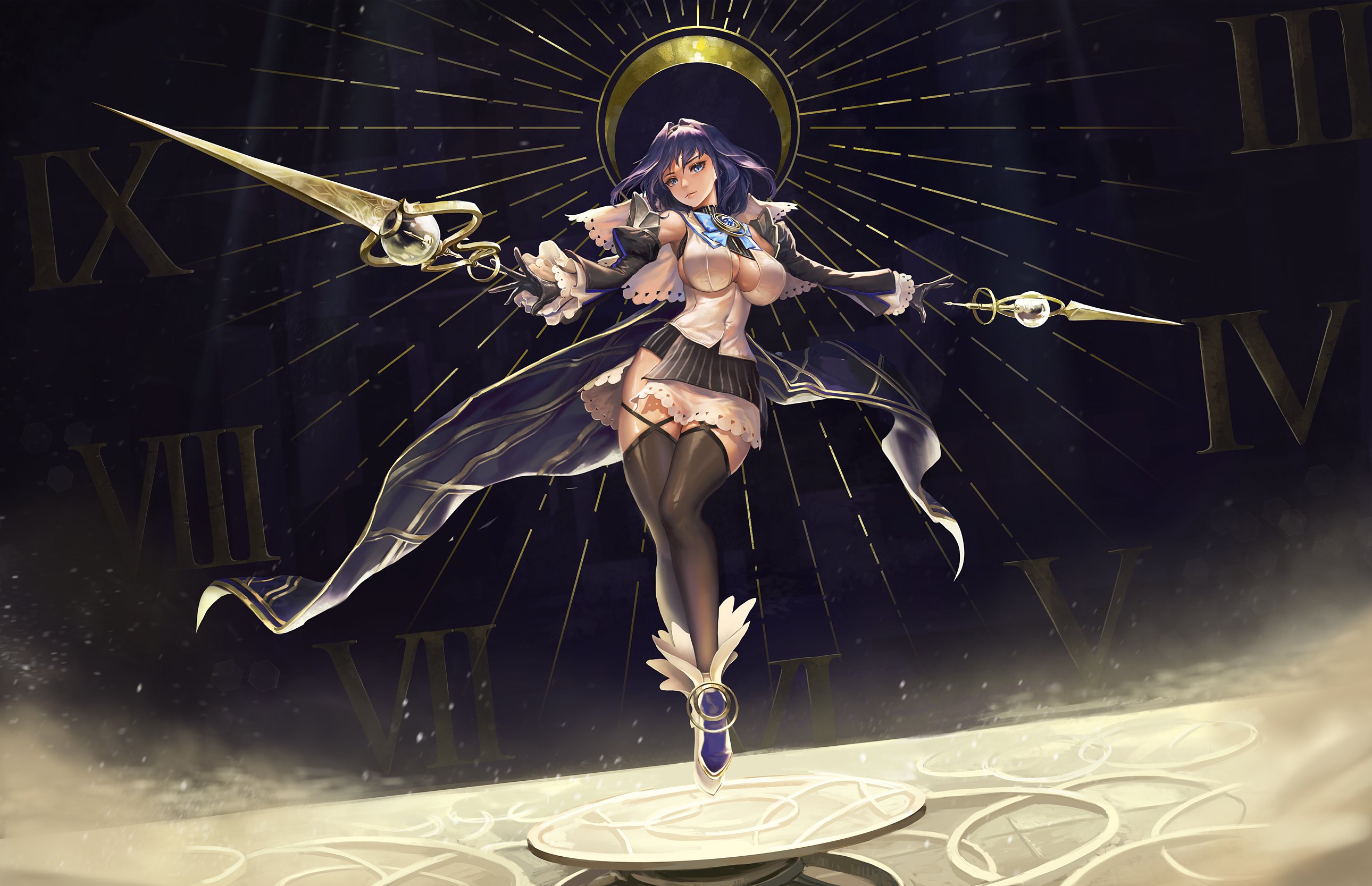 Anime 2580x1667 anime anime girls Ouro Kronii Hololive dual wield halo low-angle huge breasts looking at viewer floating thighs stockings cleavage tight clothing belly button time clocks Roman numerals fantasy girl women sword dutch tilt dust cape blue hair blue eyes Virtual Youtuber Santafe99 artwork