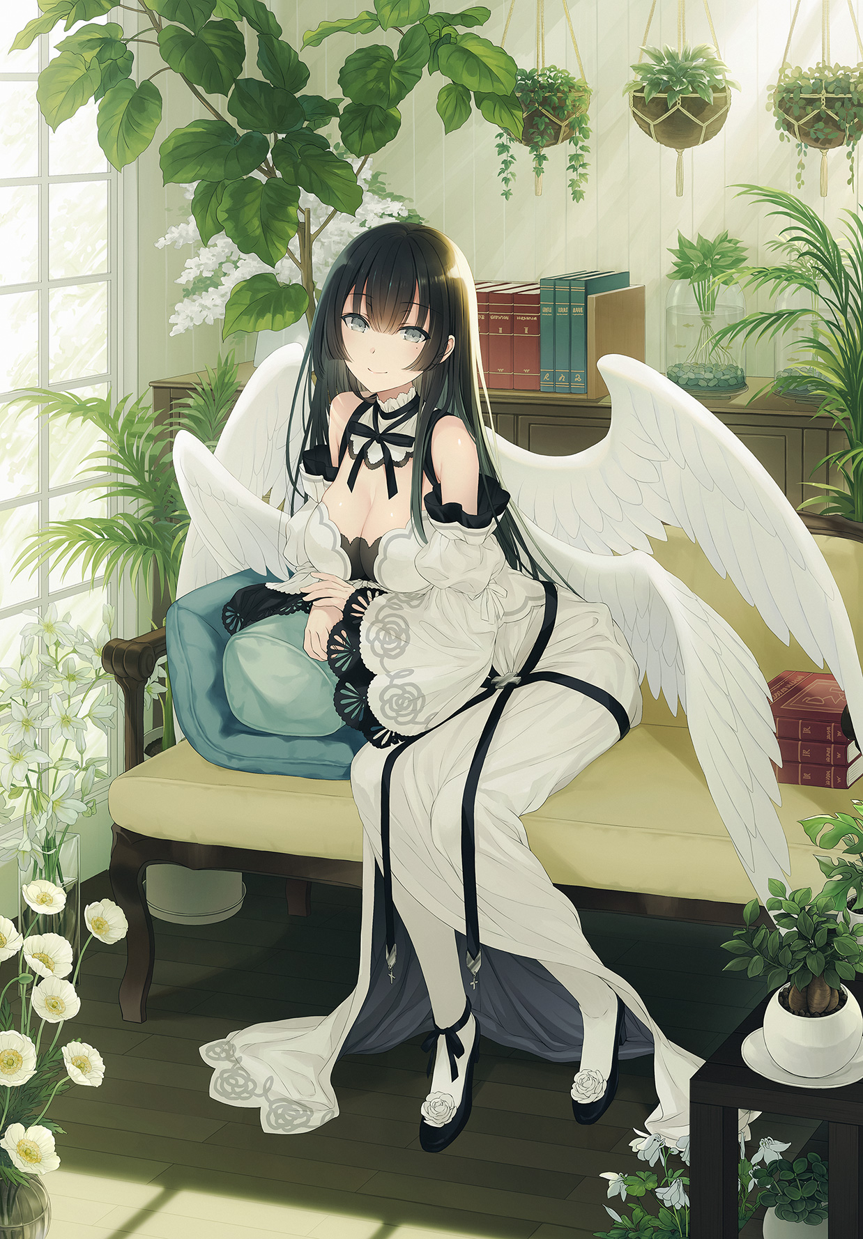 Anime 1238x1778 anime anime girls digital art artwork 2D portrait display cleavage smiling wings black hair gray eyes dress Yashiro Seika
