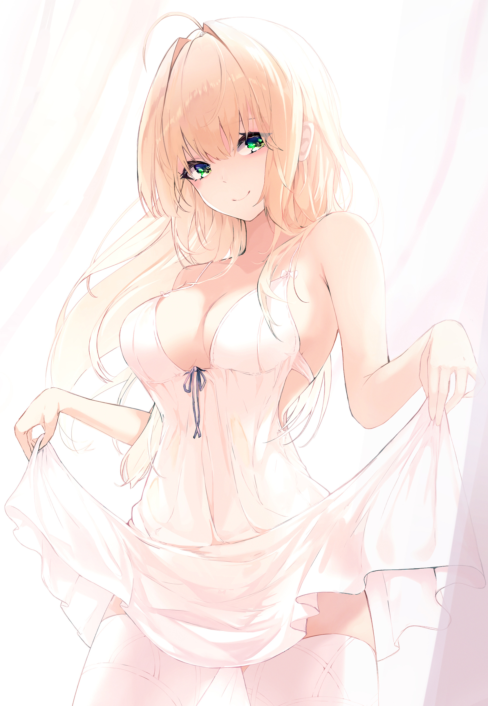 Anime 1682x2435 anime anime girls digital art artwork 2D portrait display white stockings lifting dress smiling thigh-highs dress blonde green eyes cleavage Kooemong Fate series Fate/Grand Order Fate/Extra Nero Claudius standing