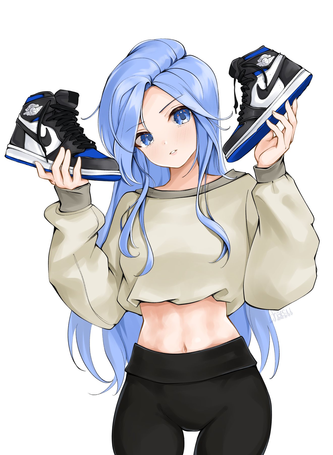 Anime 1320x1800 anime anime girls digital art artwork 2D portrait display Chaesu blue hair blue eyes sweatshirts yoga pants shoes sneakers bare midriff