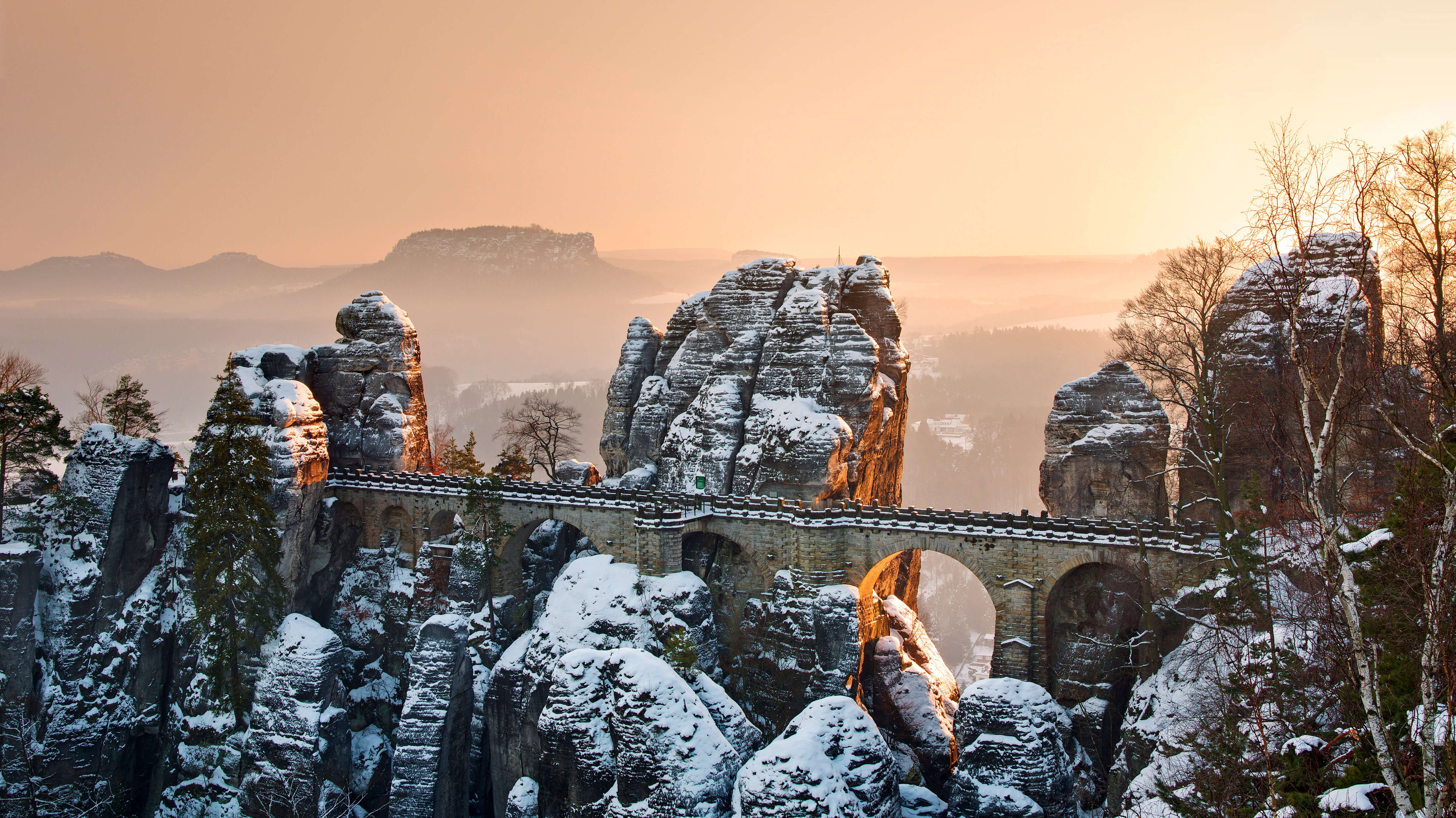 General 5310x2987 national park Germany Saxon Switzerland bridge sunlight snow rocks Bastei Saxony winter