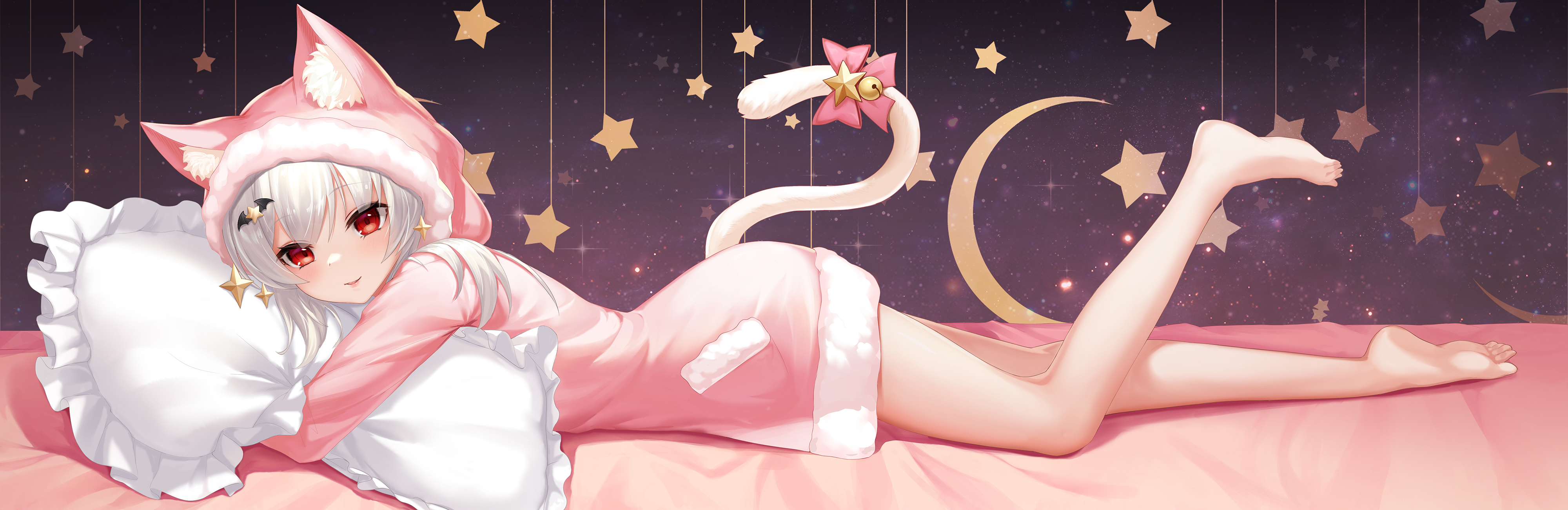 Anime 4000x1302 anime anime girls Sramy original characters animal ears cat tail legs feet red eyes silver hair barefoot foot sole lying down