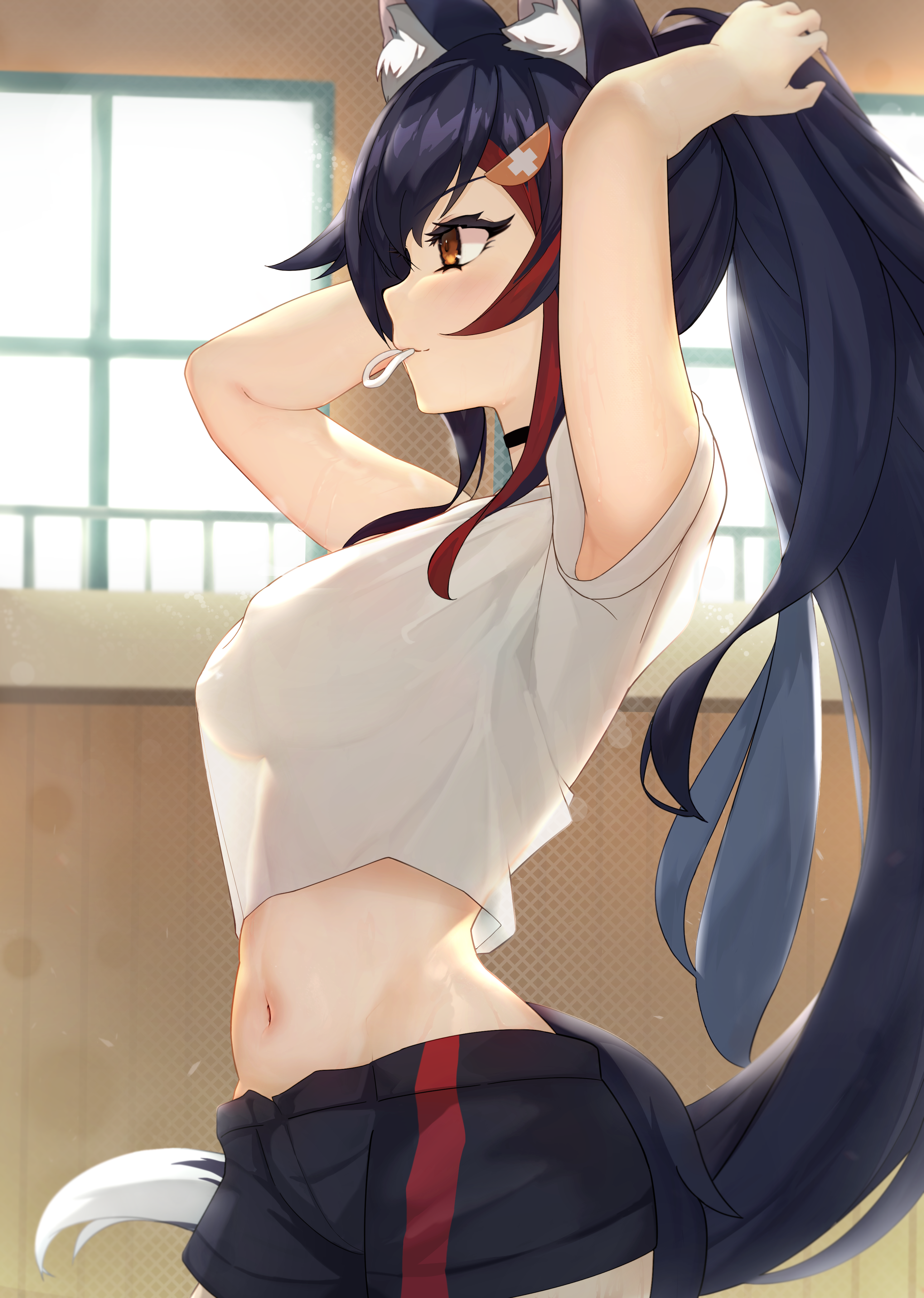 Anime 2963x4161 anime anime girls digital art 2D artwork looking at viewer portrait portrait display belly belly button petite shorts short shorts Dolphin shorts Ookami Mio Hololive Virtual Youtuber fox girl