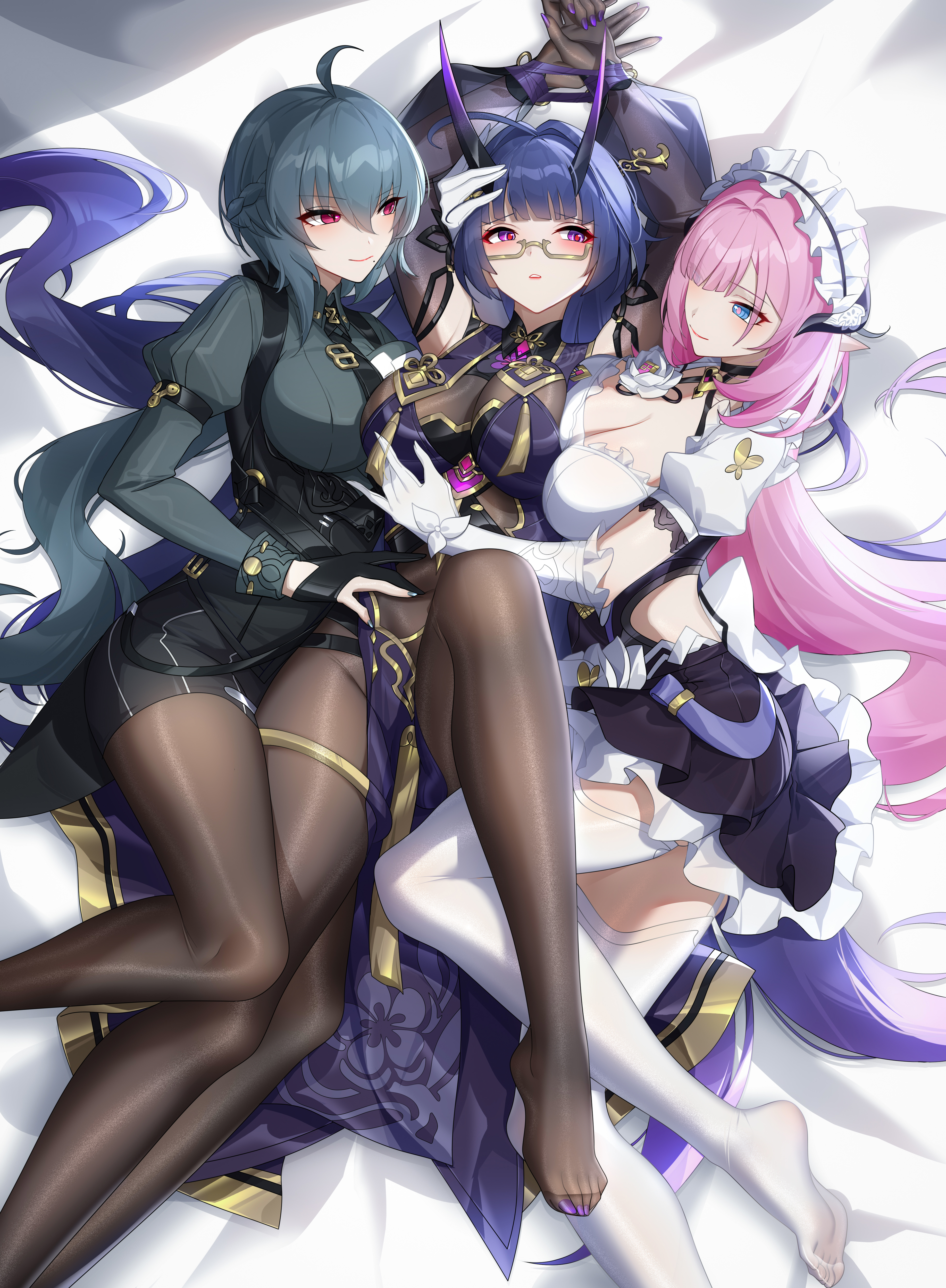 Anime 3671x5000 anime anime girls pink hair stockings maid outfit maid red eyes cleavage Elysia (Honkai Impact 3rd) Raiden Mei Honkai Impact Honkai Impact 3rd
