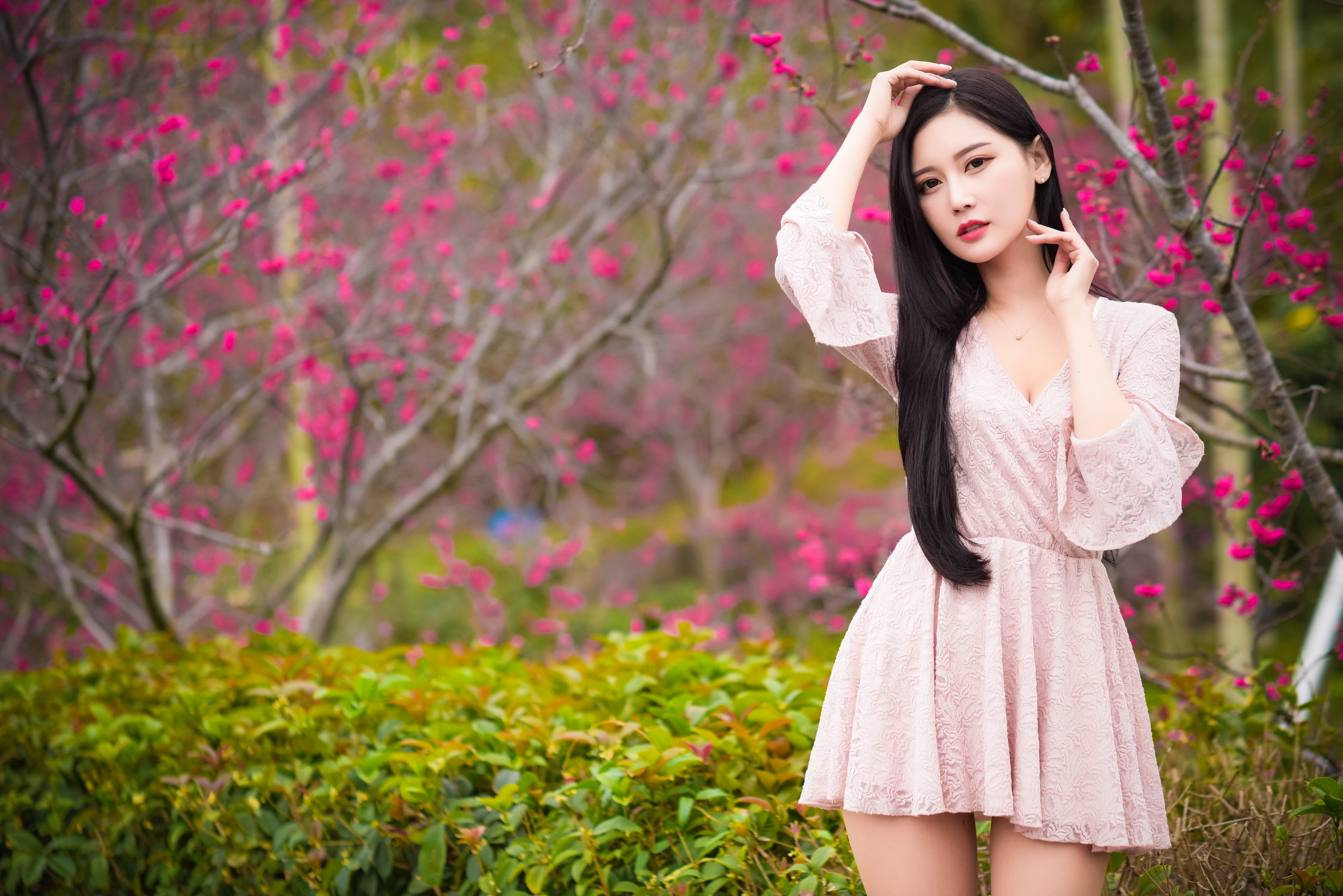 People 3840x2563 Asian model women long hair dark hair bushes trees dress depth of field brunette thighs makeup flowers women outdoors