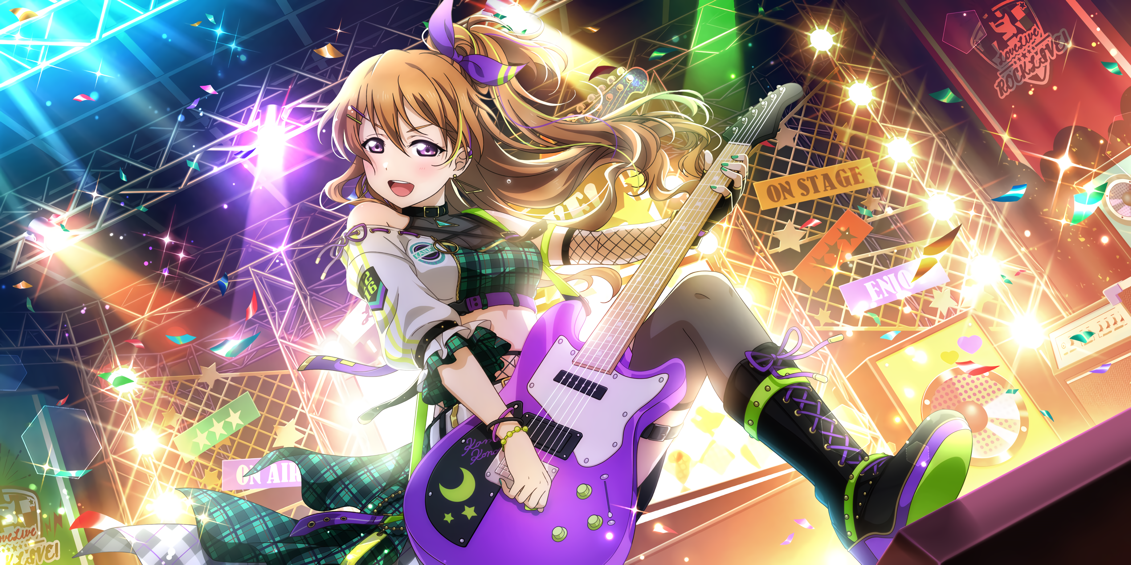 Anime 3670x1836 Konoe Kanata Love Live! anime anime girls guitar musical instrument purple eyes redhead blushing purple bow open mouth boots plaid clothing looking at viewer music brunette long hair