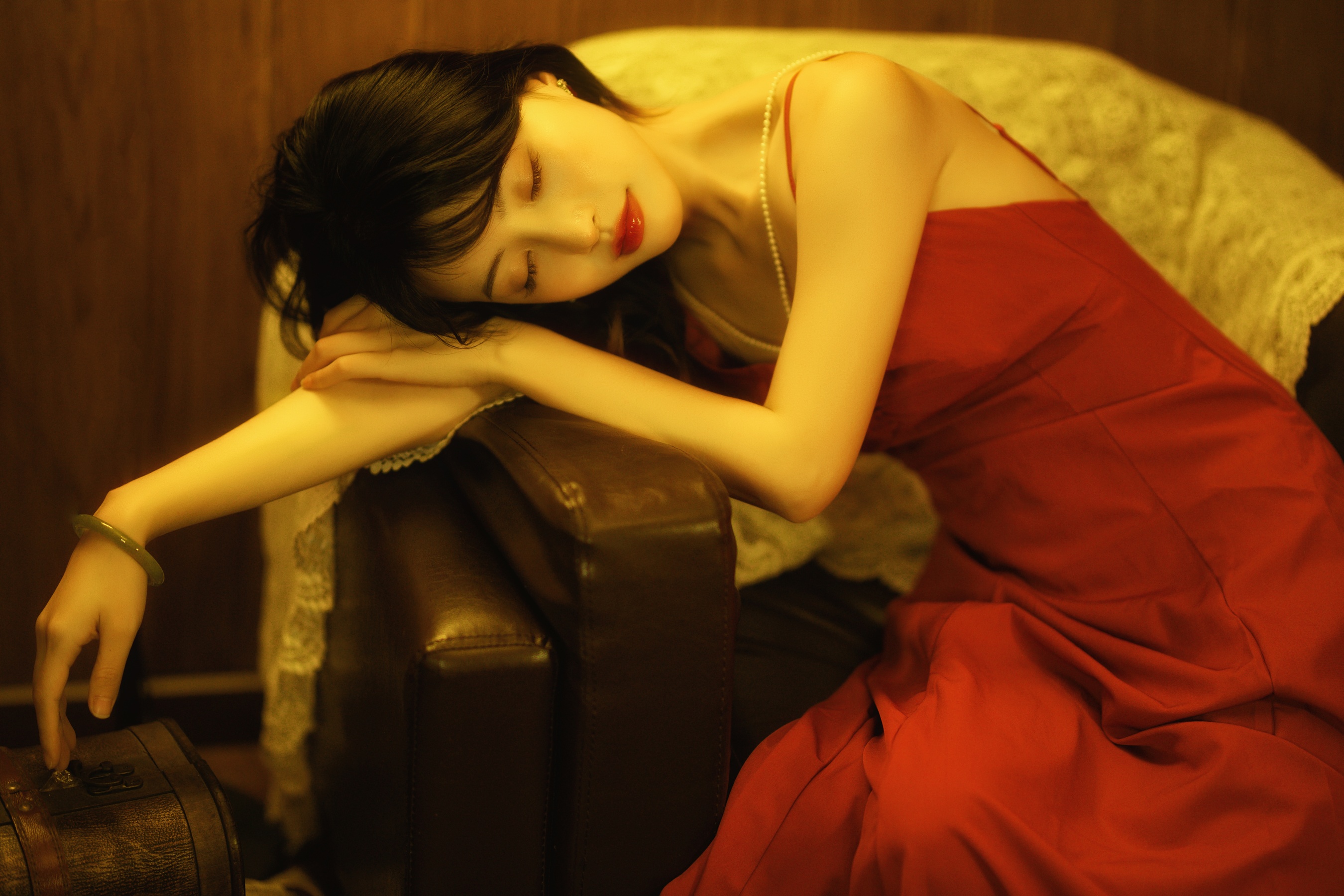 People 2700x1800 women Asian Chinese model dark hair red dress women indoors closed eyes resting head