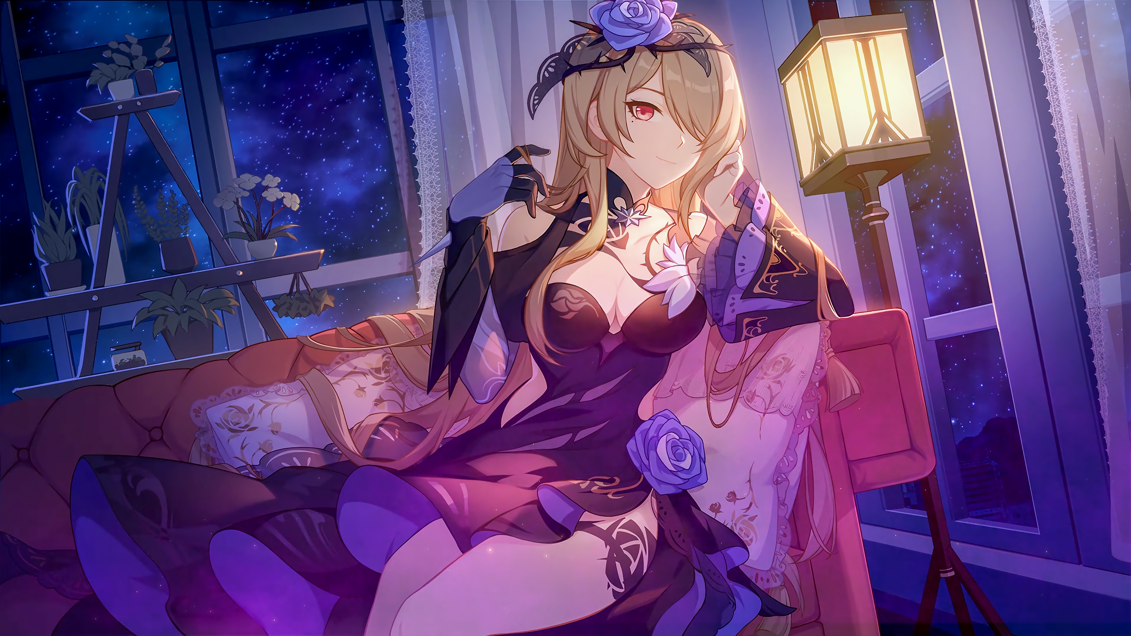 Anime 3840x2160 Honkai Impact 3rd anime girls smiling cleavage Rita Rossweisse red eyes couch sitting on the couch