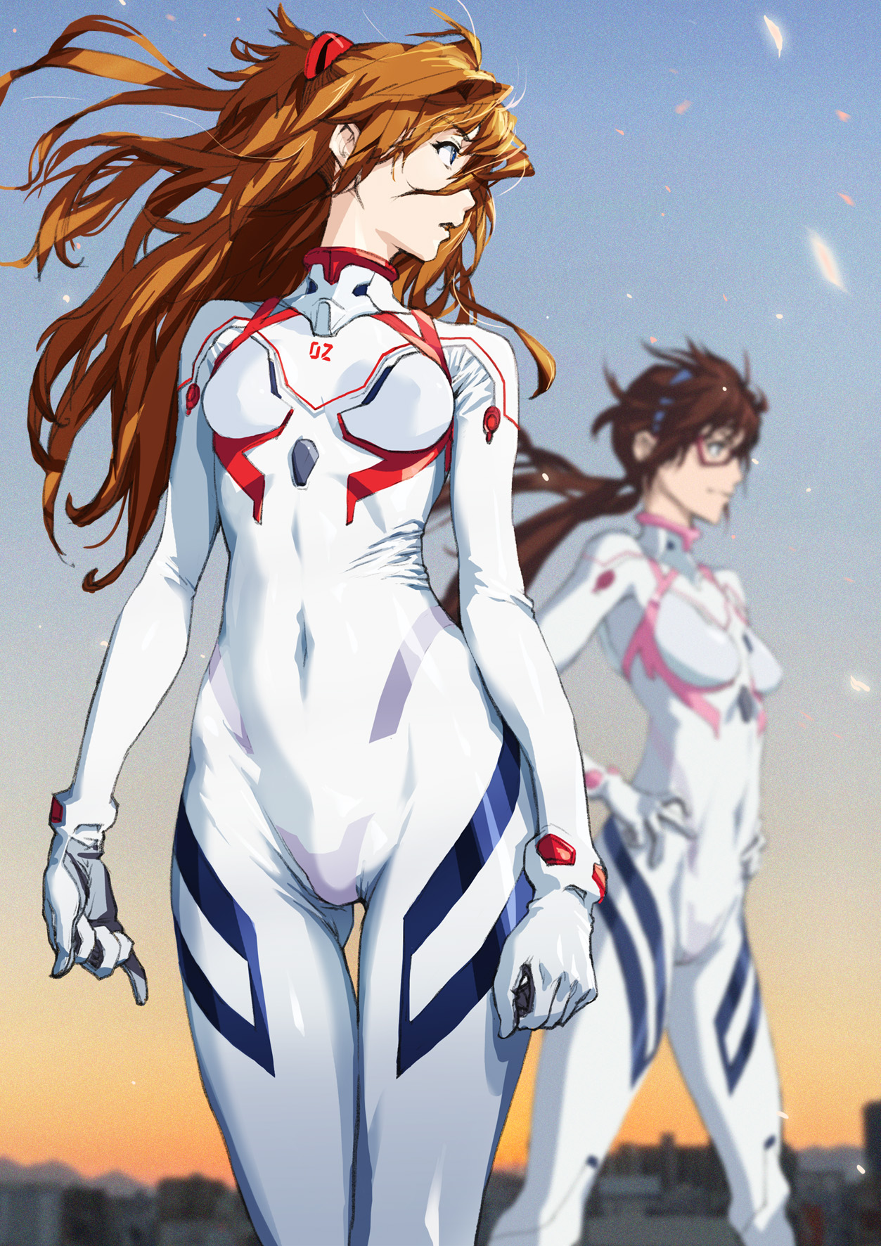 Anime 1253x1772 anime anime girls Neon Genesis Evangelion portrait display Asuka Langley Soryu Makinami Mari Illustrious thighs plugsuit small boobs the gap twintails 2D redhead brunette long hair bangs hair in face blue eyes parted lips women with glasses fan art blurred hair blowing in the wind Kuroda Kiyohisa