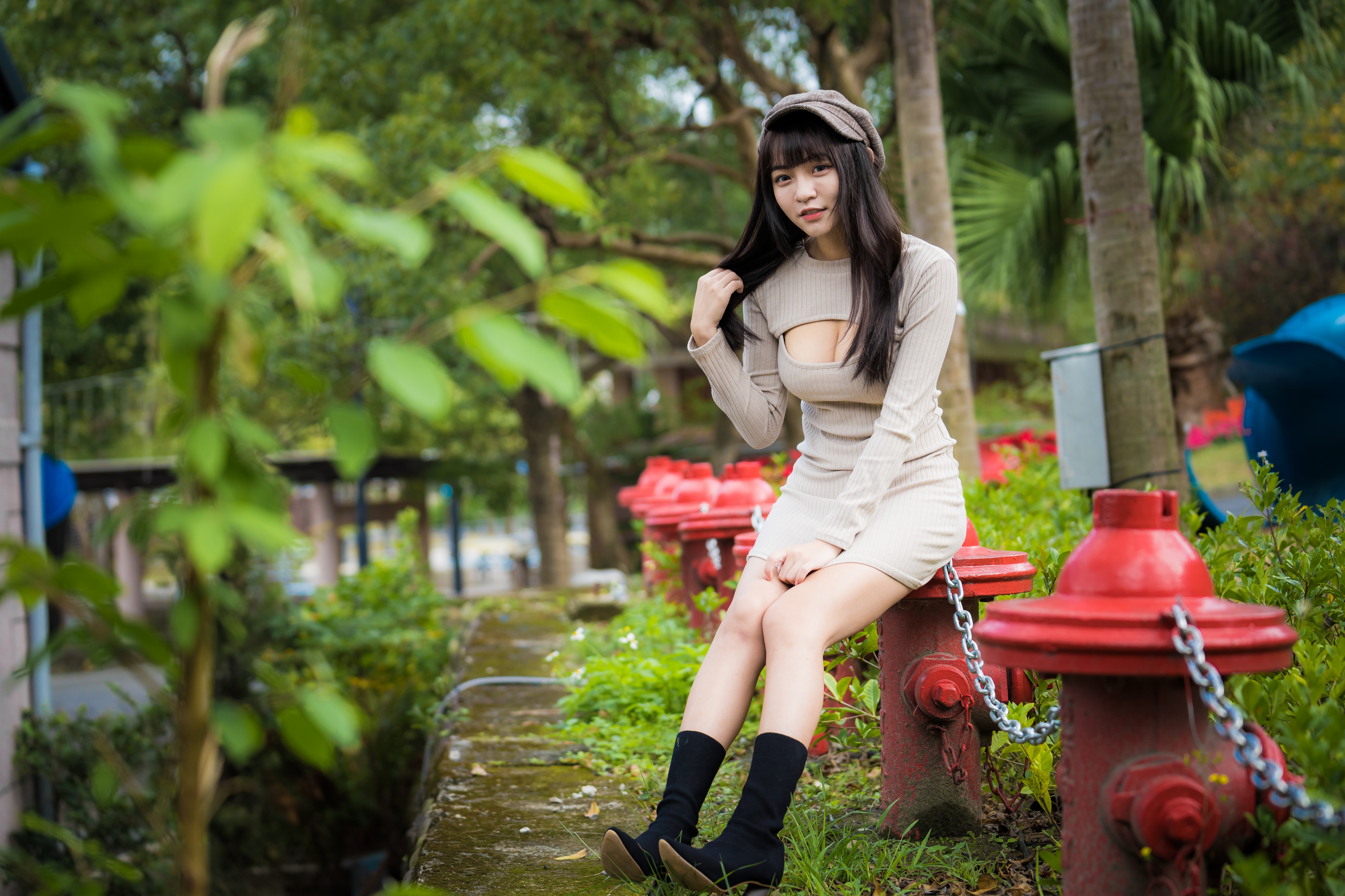 People 4562x3041 Asian model women long hair berets gray dress shoes sitting leaves branch trees grass chains depth of field black hair cleavage