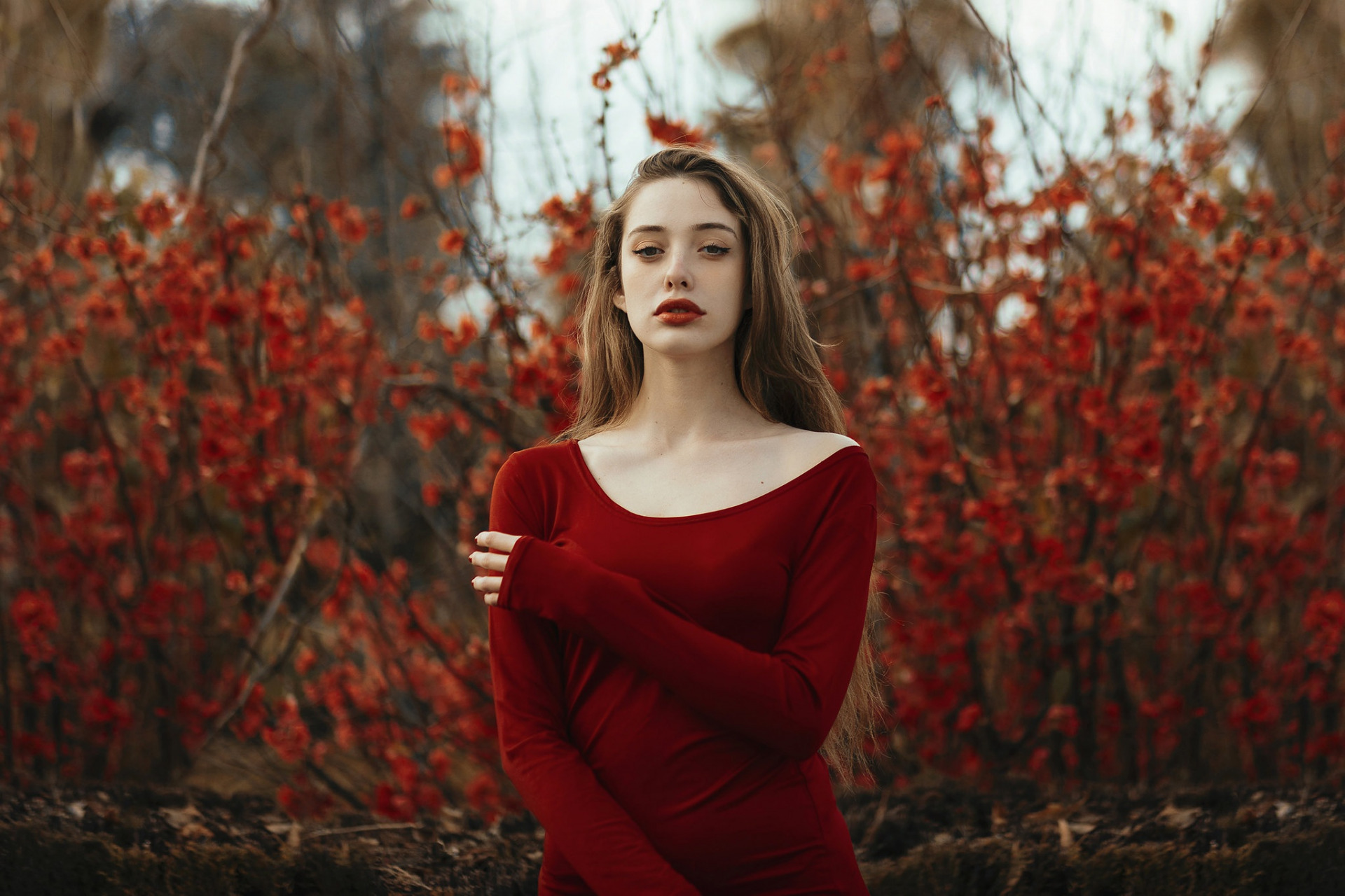 People 1920x1280 model red dress dress photography looking at viewer red brunette long hair depth of field red flowers red lipstick flowers open mouth frontal view women women outdoors juicy lips