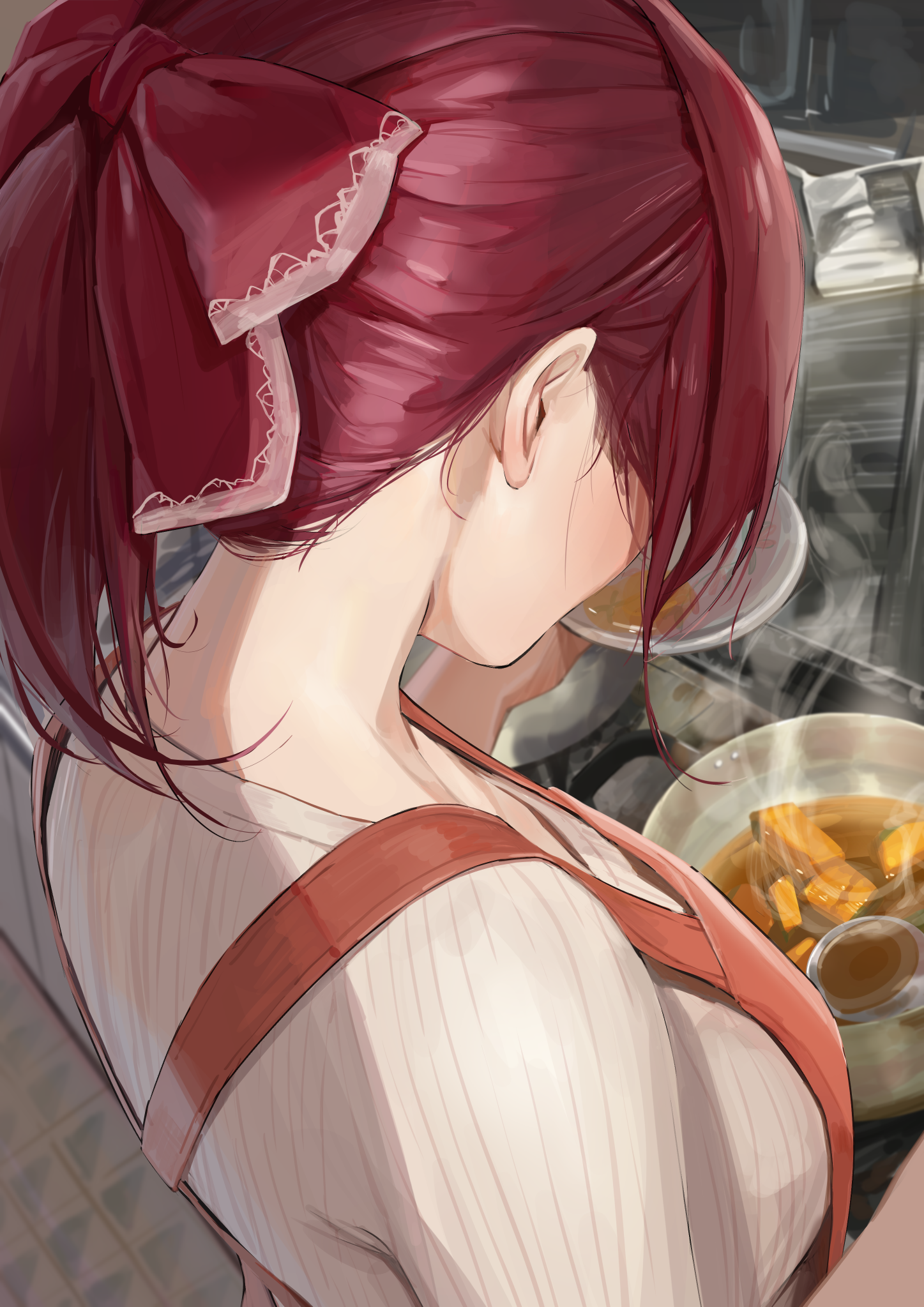 Anime 1447x2047 anime anime girls Musunde Hiraite Hololive Houshou Marine cooking redhead high angle