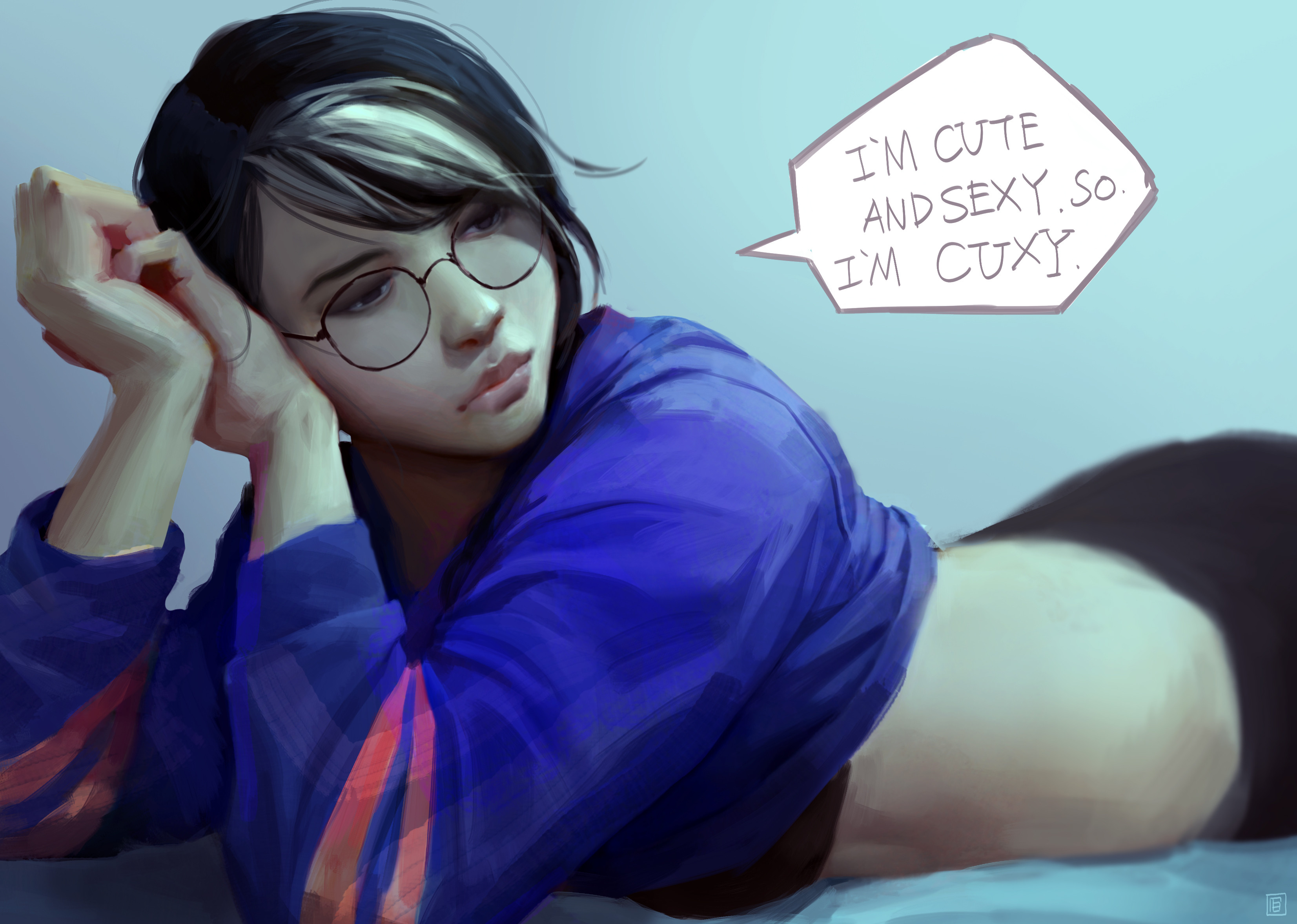 General 3306x2358 TB Choi (Artist) quote looking at the side belly bare midriff blue tops looking away glasses hands crossed women lying on front artwork women with glasses digital painting digital art simple background hands drawing ArtStation Dokkaebi Grace Nam Rainbow 6 Siege