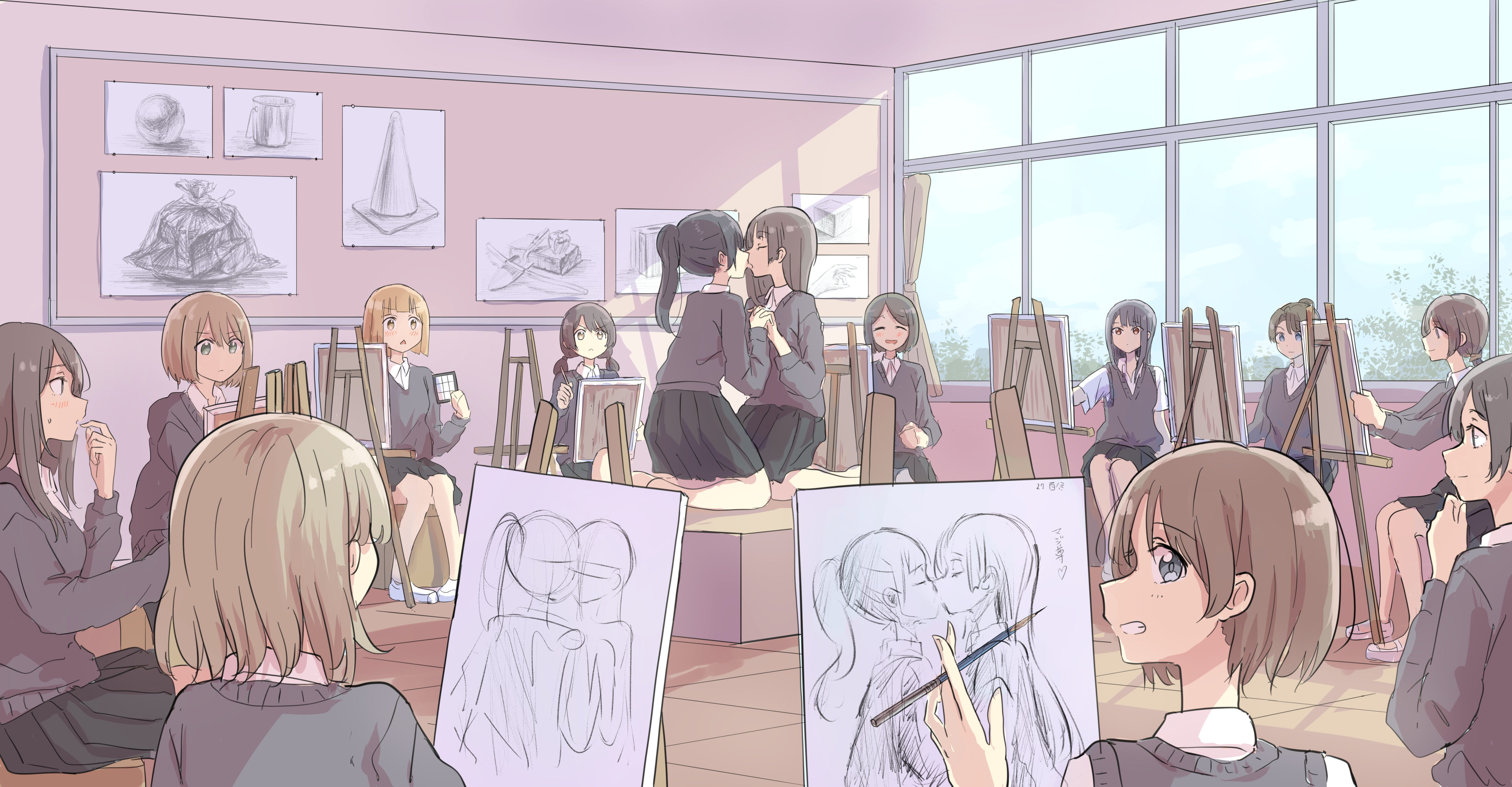 Anime 4913x2557 anime girls school uniform kissing original characters betock yuri