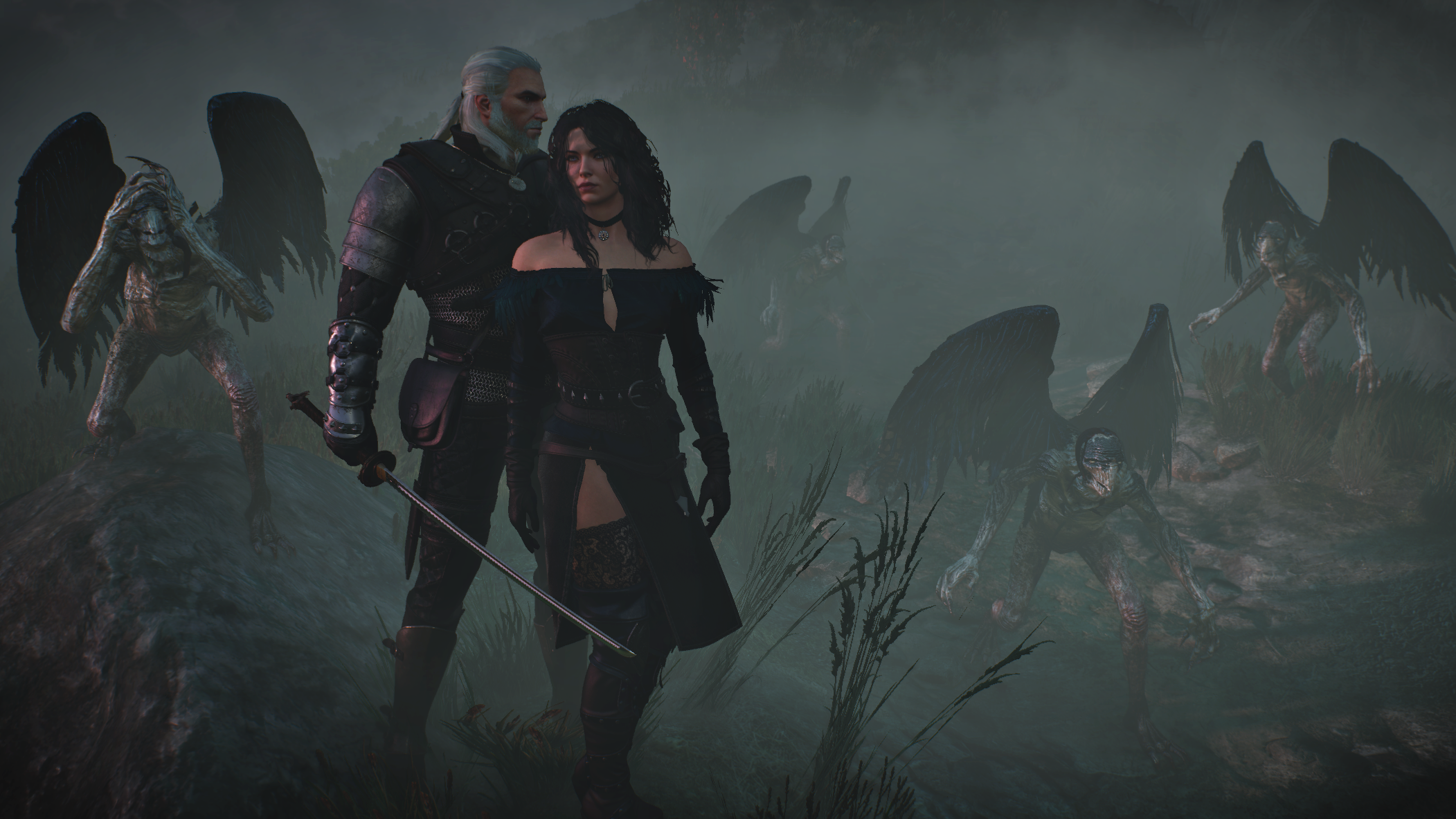 General 2103x1183 The Witcher The Witcher 3: Wild Hunt video games Geralt of Rivia couple CD Projekt RED book characters standing video game characters CGI Yennefer of Vengerberg wings bare shoulders video game men long hair video game girls sword video game art screen shot