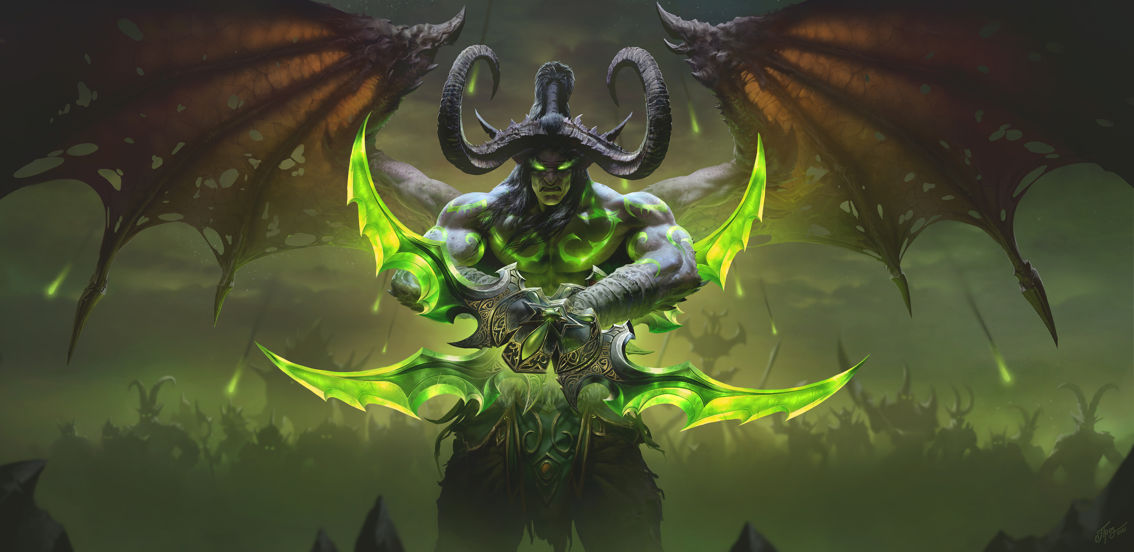General 3932x1914 Warcraft World of Warcraft Dmitry Prozorov frontal view centered Illidan Stomrage (Warcraft) video games video game characters Blizzard Entertainment