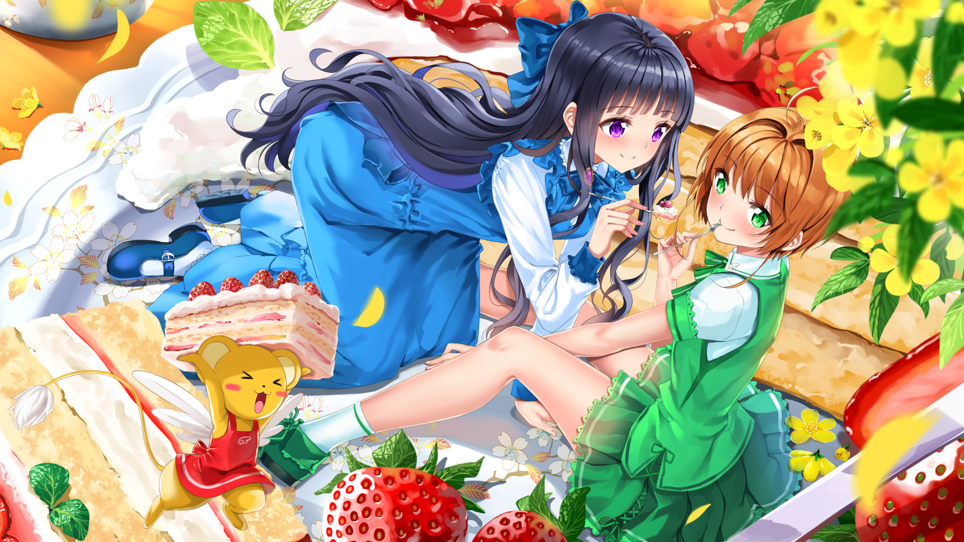 Anime 1920x1080 anime girls colorful eating picnic Cardcaptor Sakura Kinomoto Sakura Daidouji Tomoyo Swordsouls