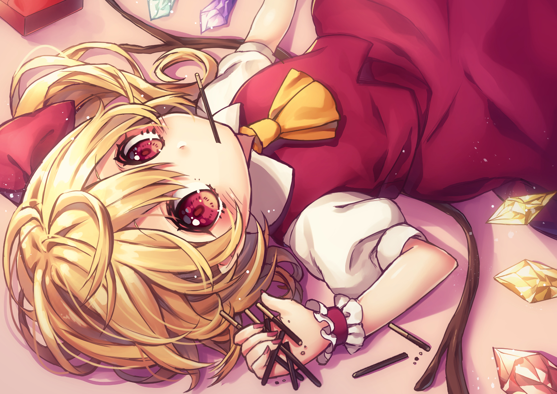 Anime 1920x1359 Touhou Flandre Scarlet anime girls blonde dress lying down Pocky red eyes wings Side ponytail looking at viewer loli