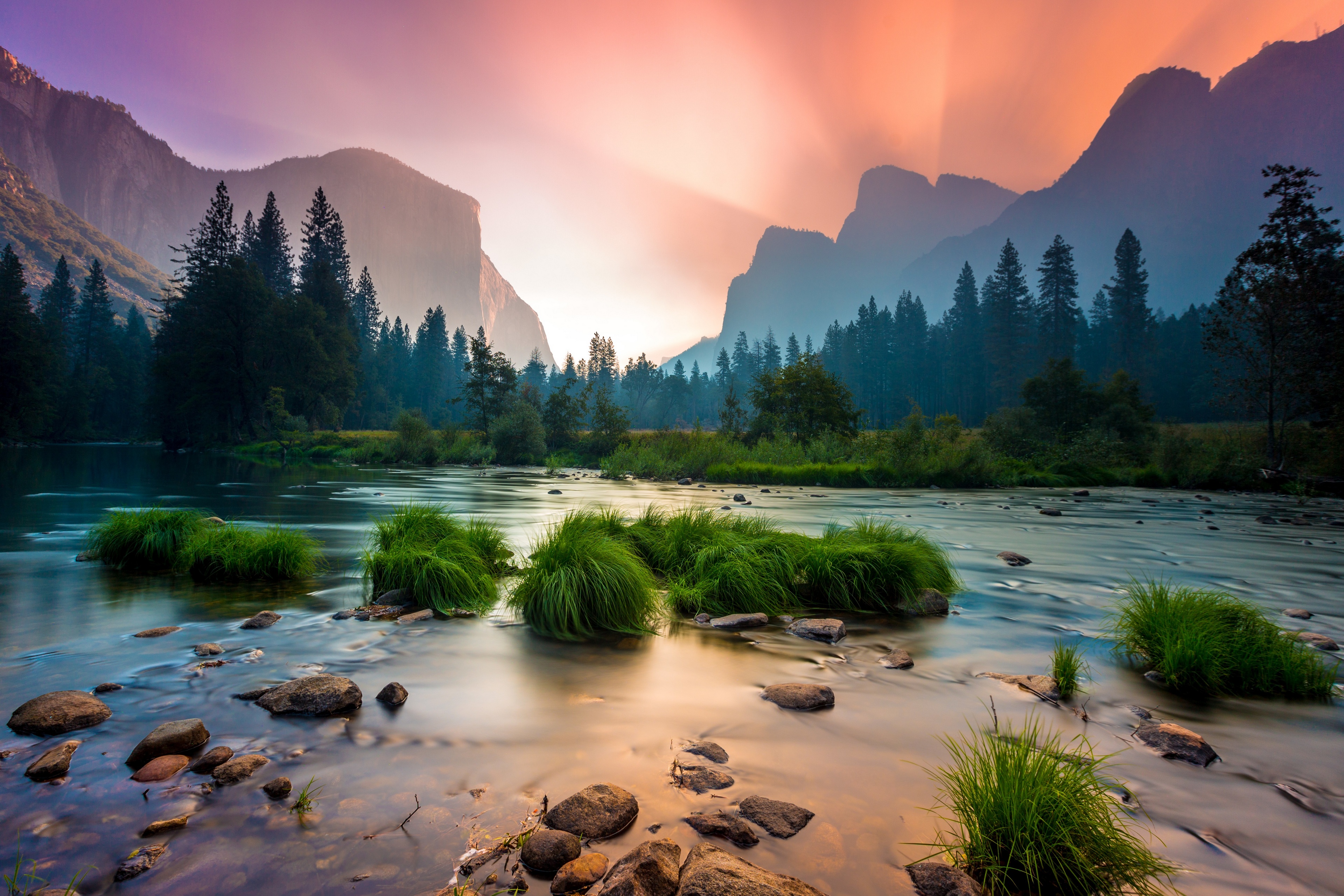 General 3840x2560 Yosemite National Park USA sky mountains river trees landscape sunset nature