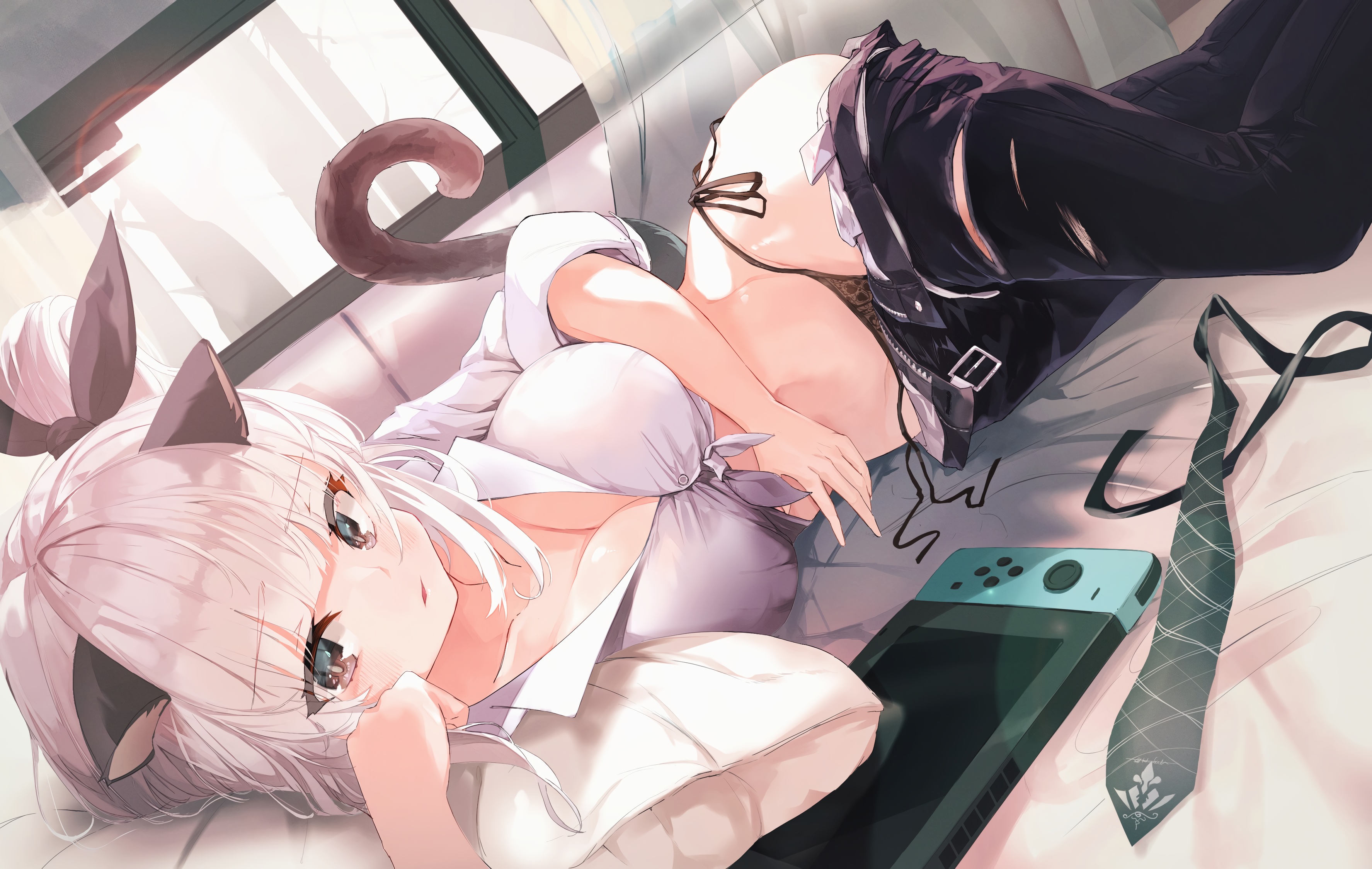 Anime 3550x2250 anime anime girls cleavage cat girl white hair brown eyes in bed open clothes panties big boobs artwork Kooemong
