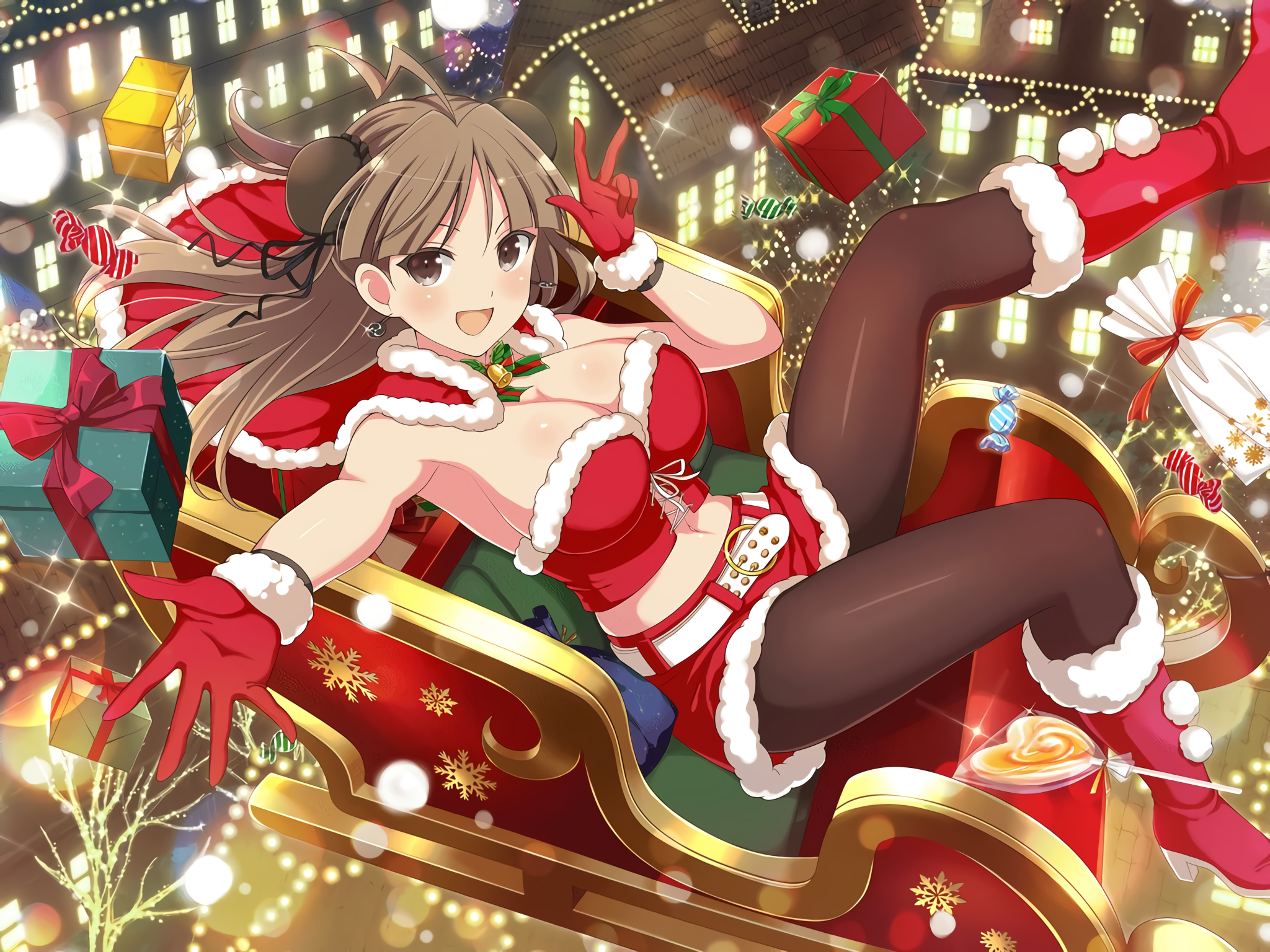 Anime 2048x1536 anime anime girls cleavage Christmas pantyhose boots big boobs brunette Senran Kagura Renka (Senran Kagura)