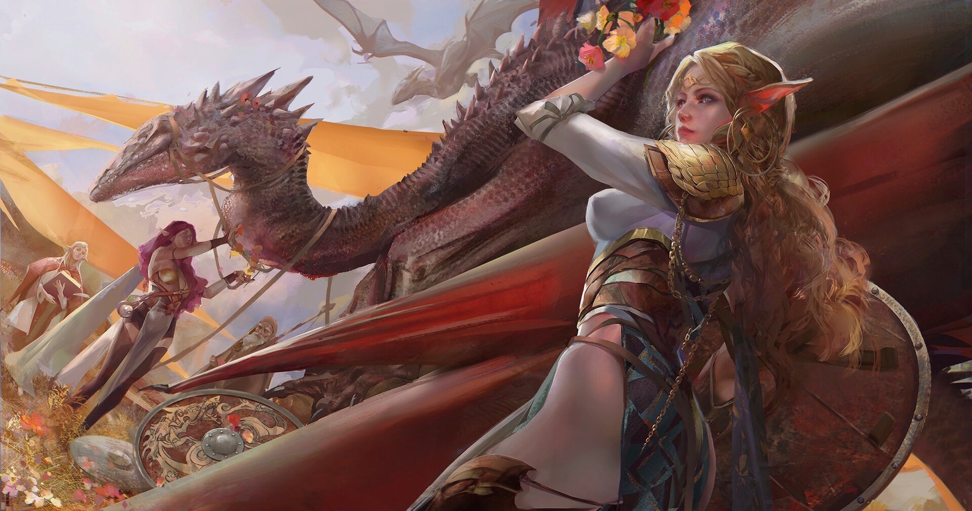 General 1920x1009 Amber Ye ArtStation fantasy art fantasy girl pointy ears long hair two women dragon creature artwork
