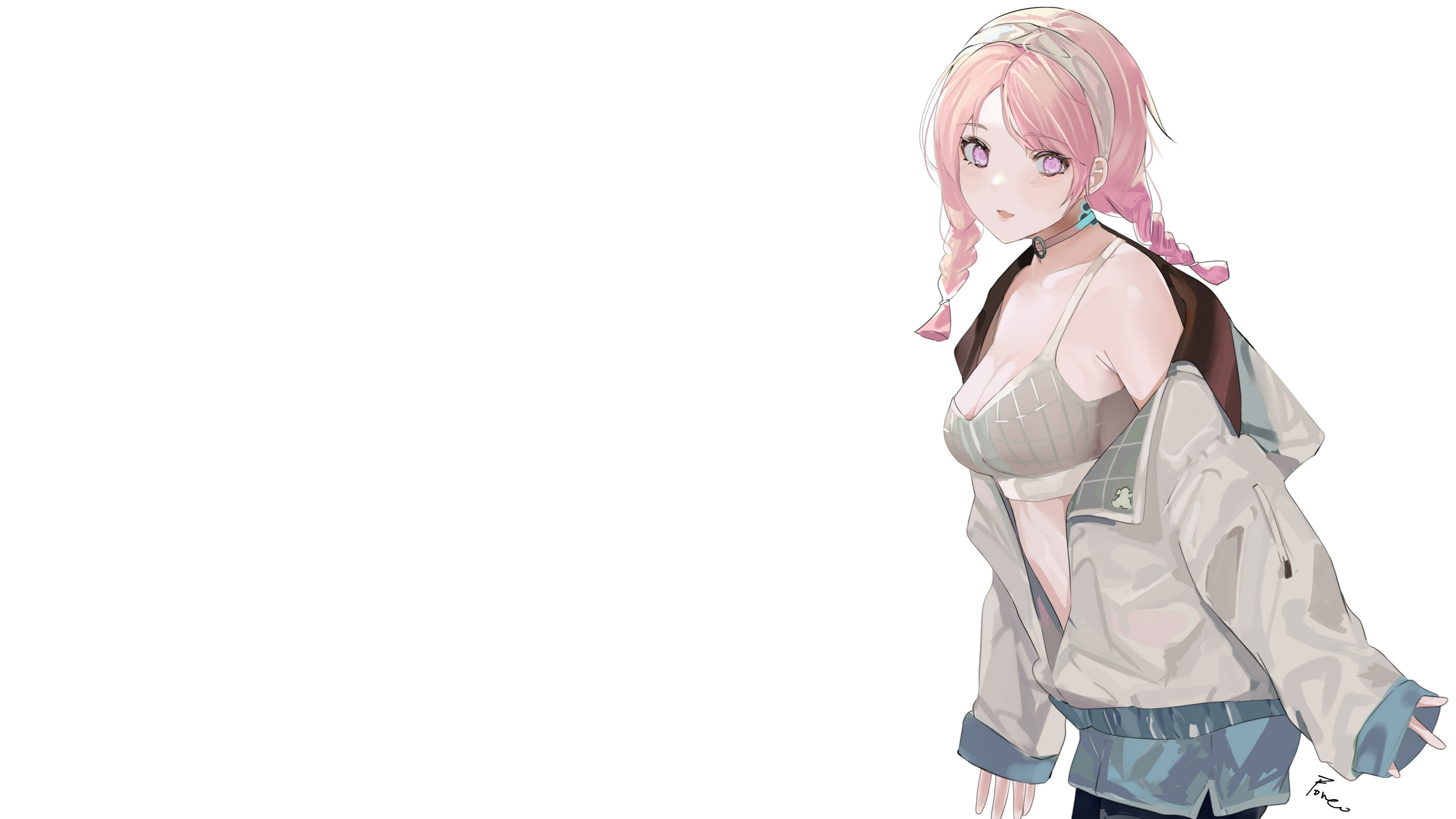Anime 2560x1440 Blue Poison (Arknights) Arknights pink hair pink eyes Pastry simple background anime white background bra collarbone cleavage signature long sleeves open mouth headband looking at viewer standing
