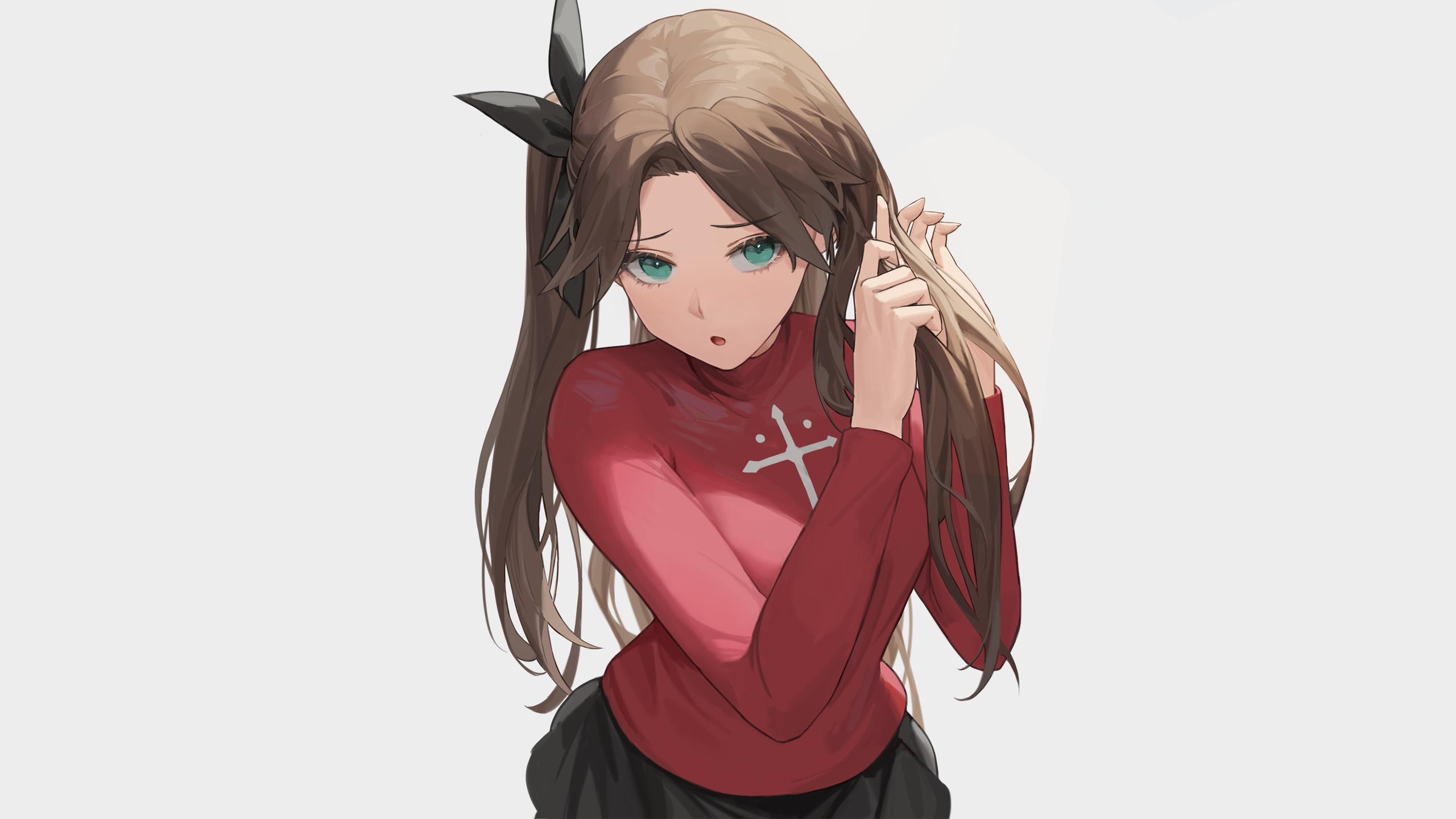 Anime 2560x1440 anime anime girls Fate series Fate/Stay Night Tohsaka Rin pleated skirt twintails open mouth looking at viewer simple background Cotta