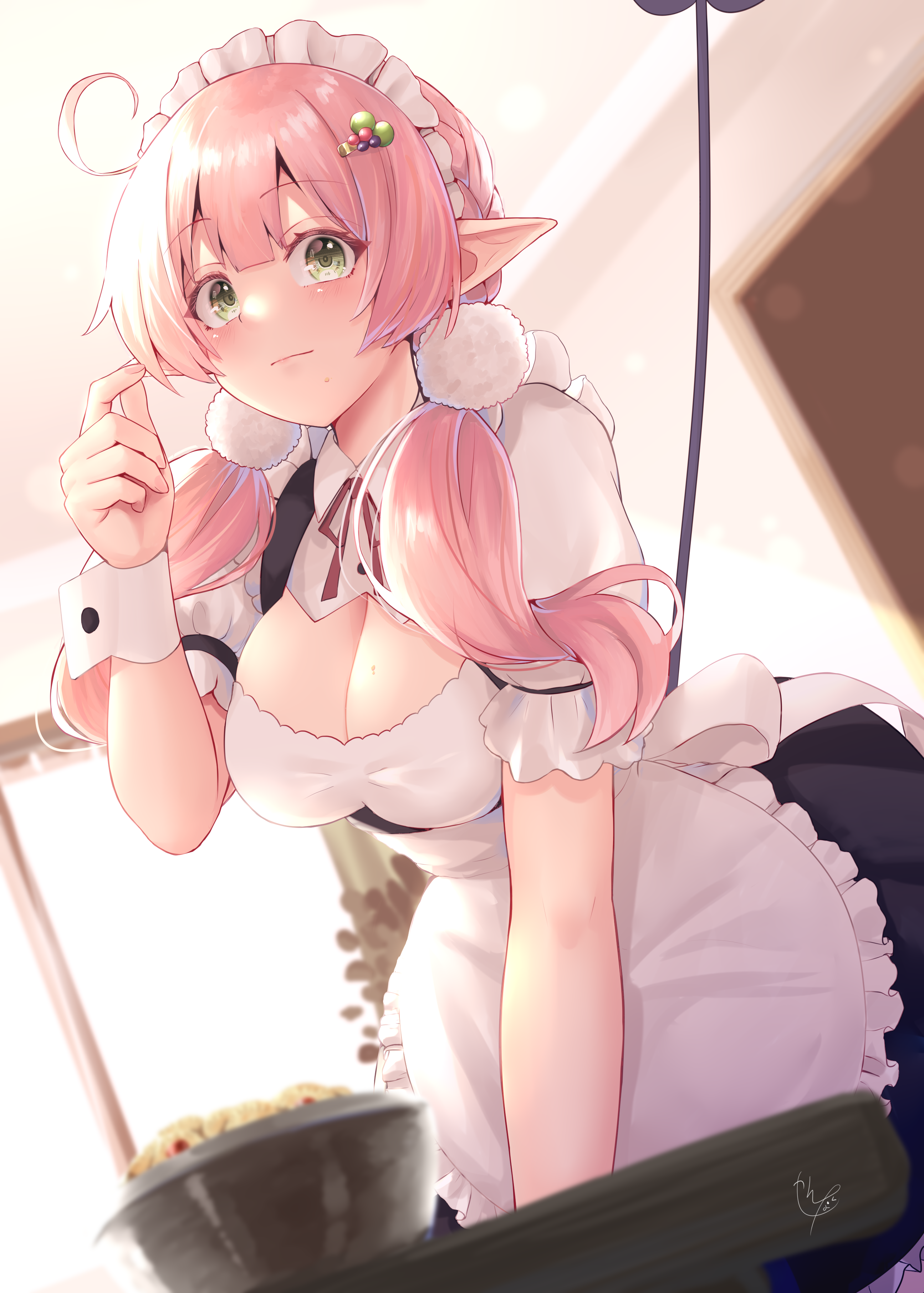 Anime 2591x3624 anime anime girls original characters pink hair pointy ears maid maid outfit big boobs cleavage Narushima Kanna portrait display