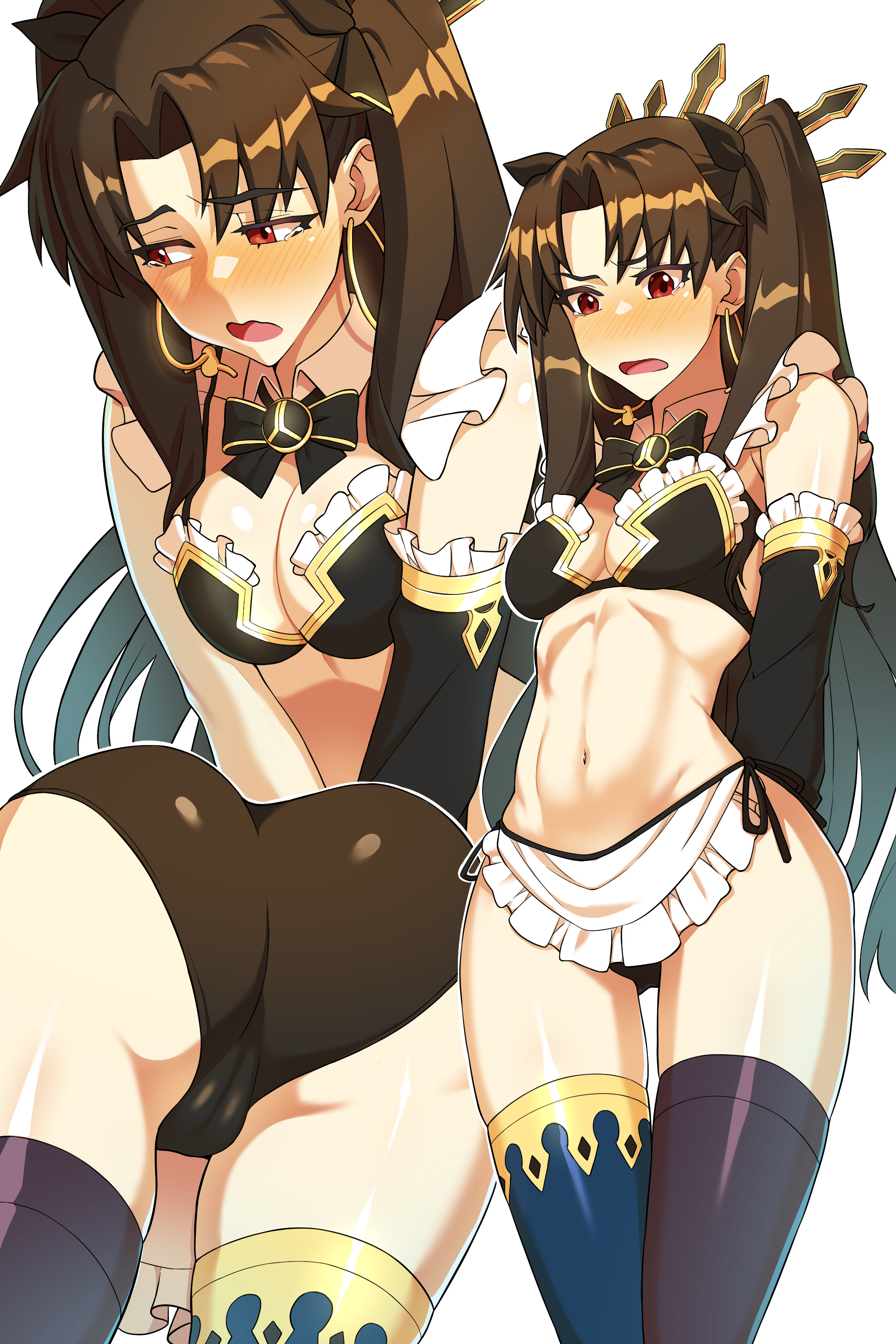 Anime 2000x3000 Fate/Grand Order Fate series cleavage belly button ass thighs cameltoe embarrassed open mouth bent over black stockings red eyes bangs twintails zettai ryouiki looking back looking away arm(s) behind back bare shoulders tiaras apron black bikinis maid bikini hoop earrings brunette long hair 2D anime girls black ribbons the gap alternate costume simple background portrait display anime artwork erotic art  belly ecchi fan art matoi92 crying