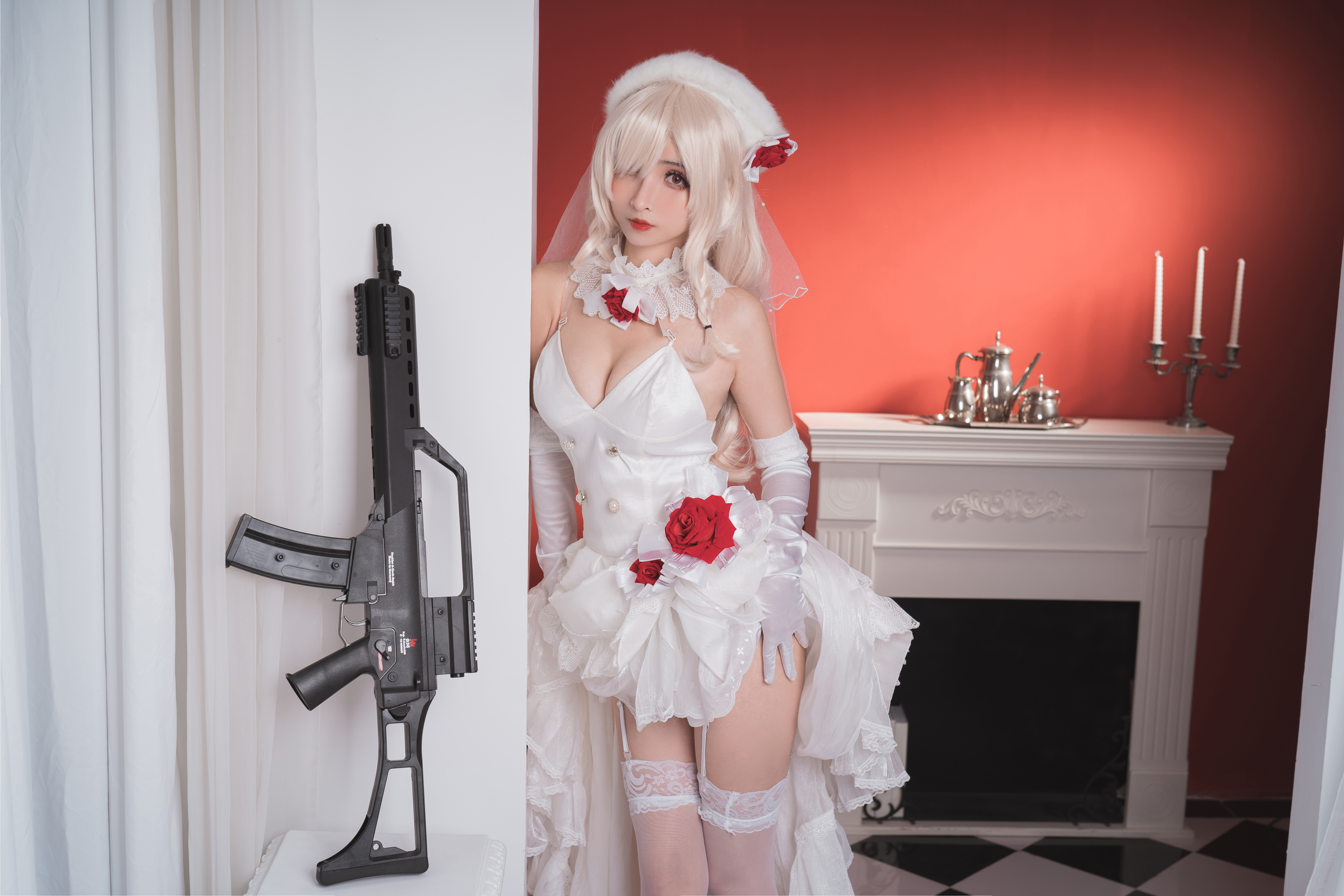 People 6000x4000 cosplay flower crown Girls Frontline G36C (Girls Frontline) girls with guns gun machine gun weapon boobs women indoors indoors hair over one eye looking at viewer dress white dress stockings makeup red lipstick hat women with hats gloves white stockings thigh-highs women Asian Rioko Cosplay