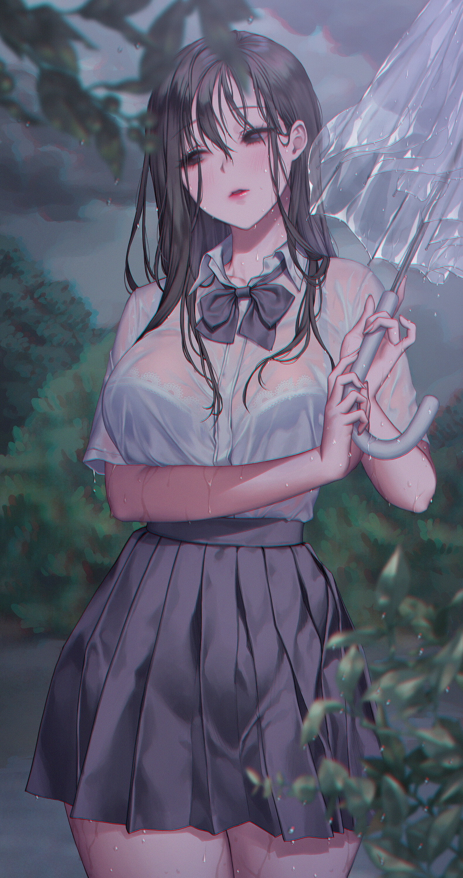 Anime 1582x3000 Lovecacao drawing anime girls dark hair wet clothing water skirt umbrella rain ribbon