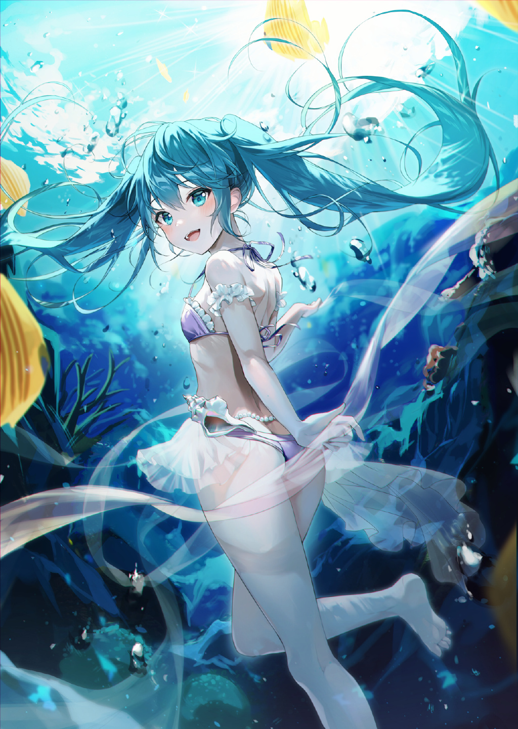 Anime 1024x1440 swimwear sea anime anime girls blue hair blue eyes twintails underwater bikini Hatsune Miku Vocaloid Yampaham water tropical fish bright