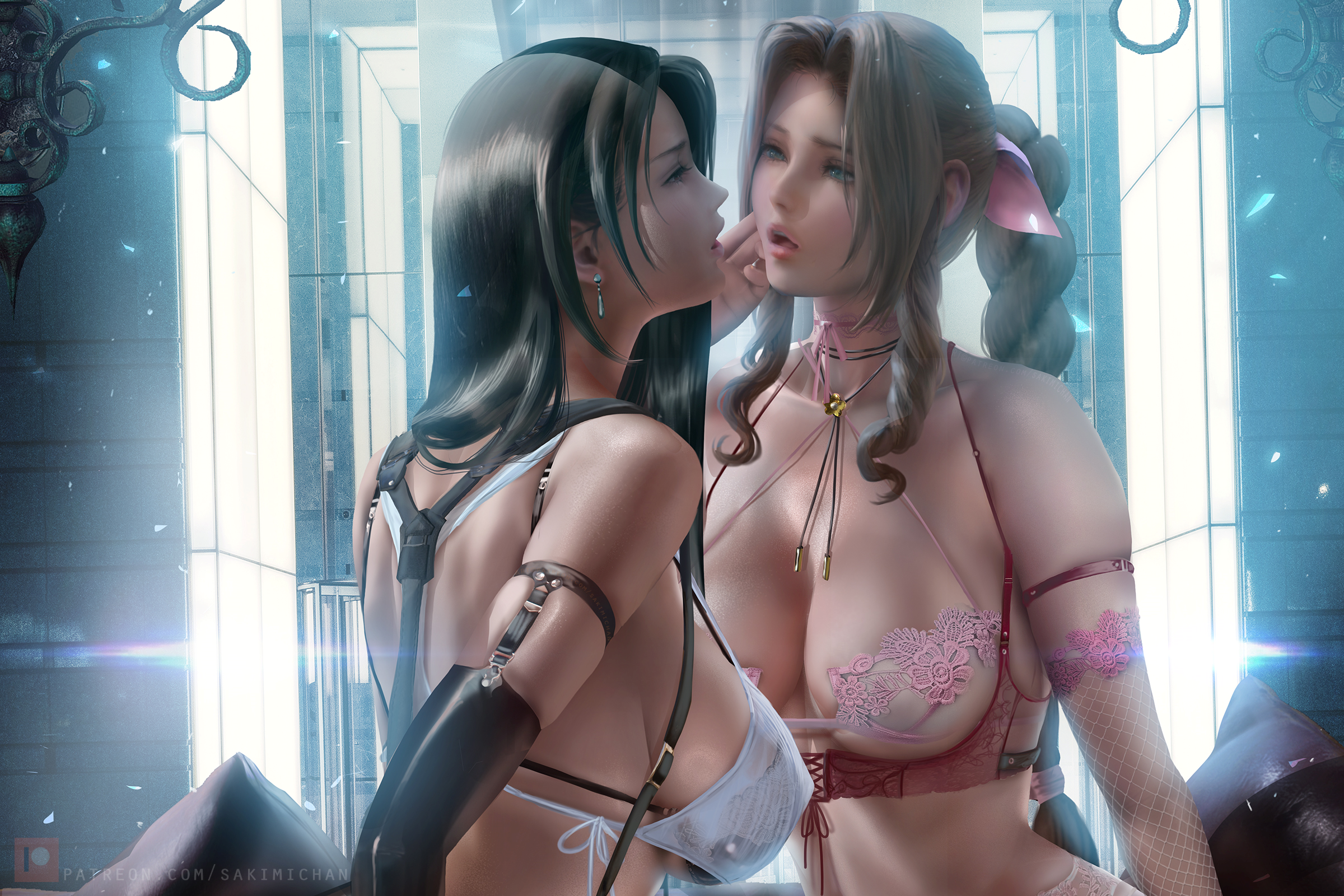 General 2400x1600 Tifa Lockhart Aerith Gainsborough Final Fantasy video games video game girls brunette black hair face to face open mouth profile suspenders lingerie underwear bra fishnet 2D artwork fan art Sakimichan lace boobs big boobs video game characters two women