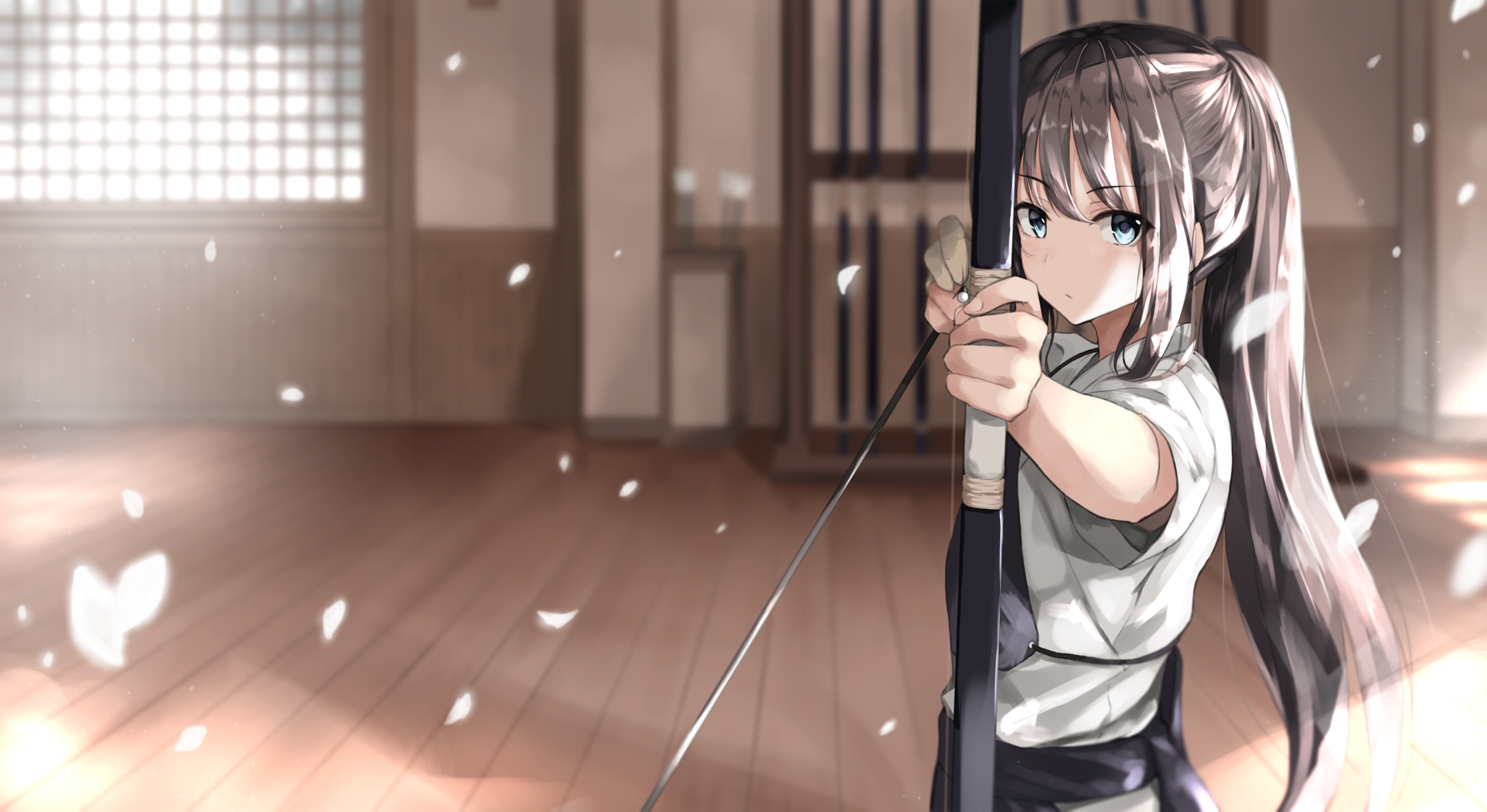 Anime 2912x1591 Fuu (artist) anime anime girls arrows bow and arrow archer bow Japanese clothes brunette ponytail